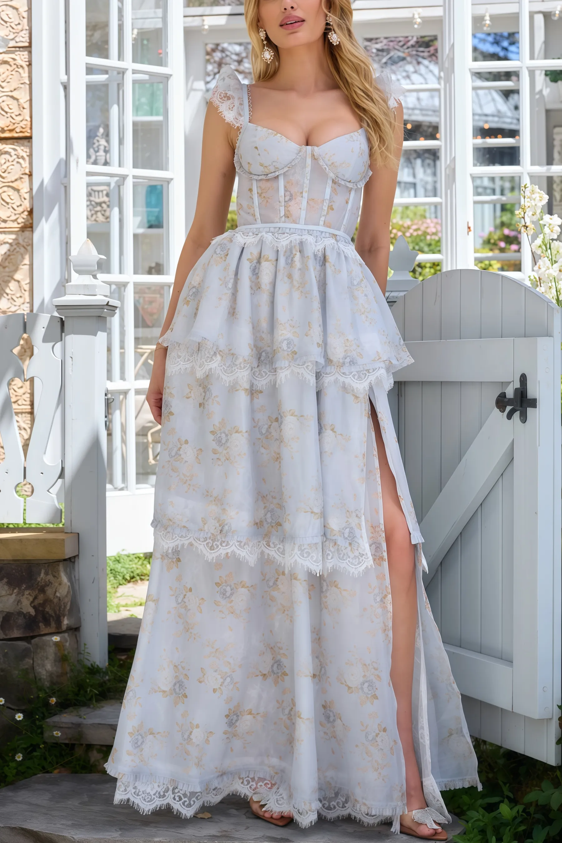 Brion Blue Lace Print Maxi Dress