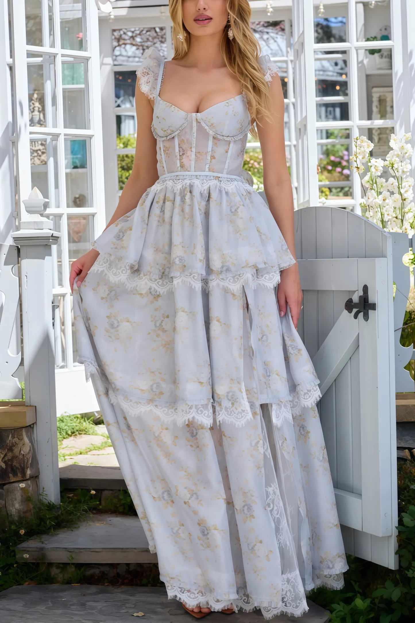 Brion Blue Lace Print Maxi Dress