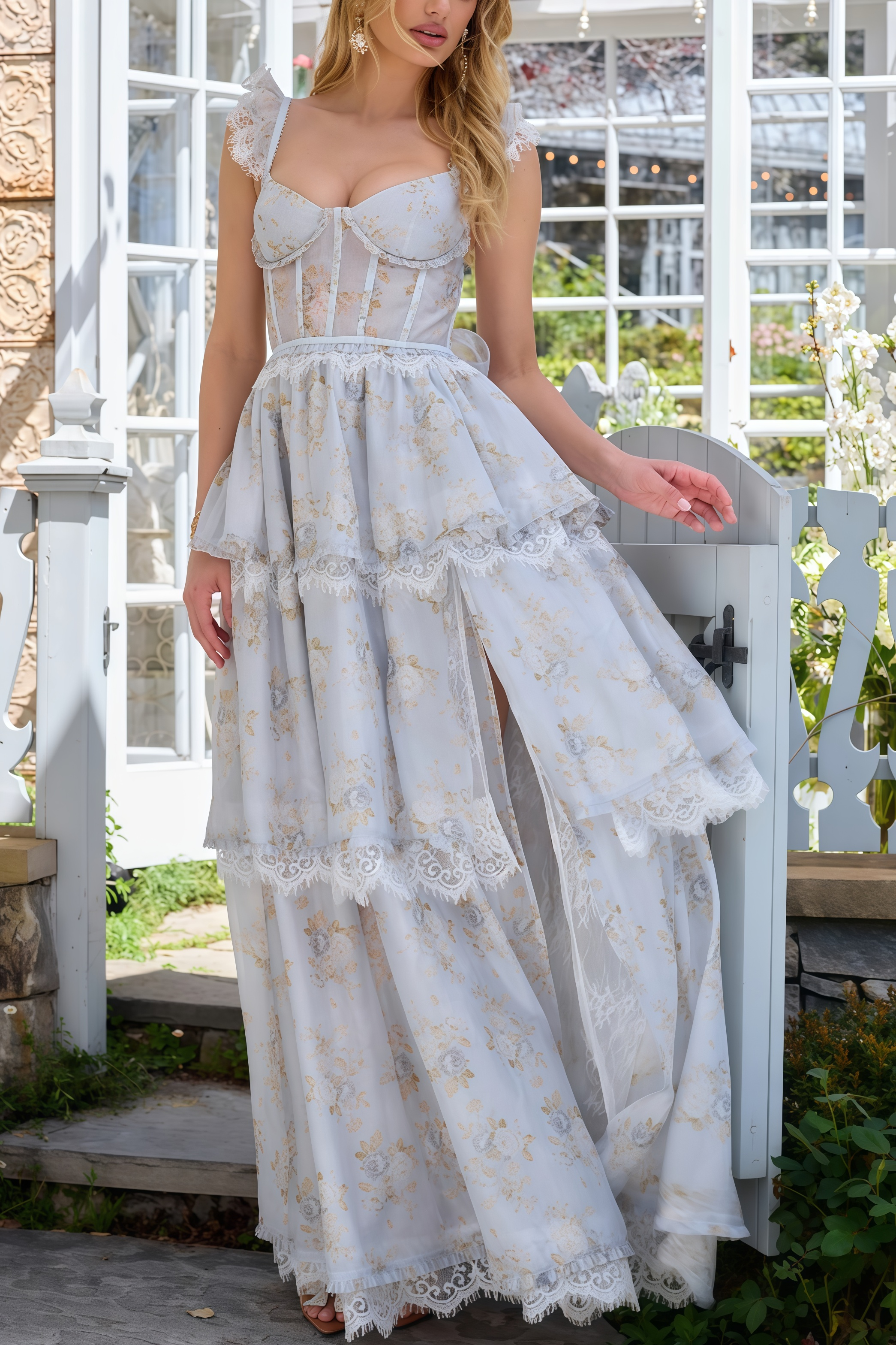 Brion Blue Lace Print Maxi Dress