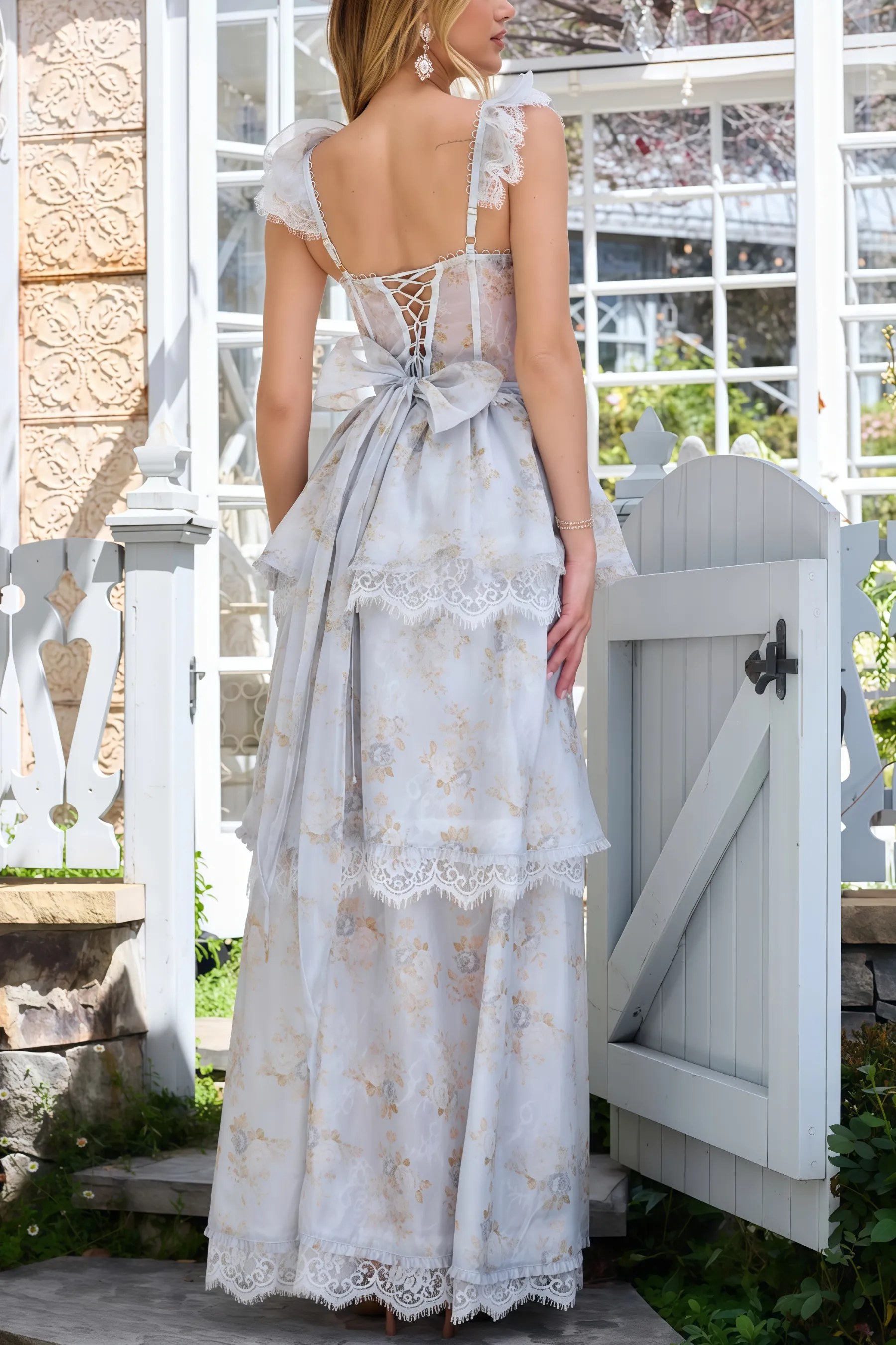 Brion Blue Lace Print Maxi Dress