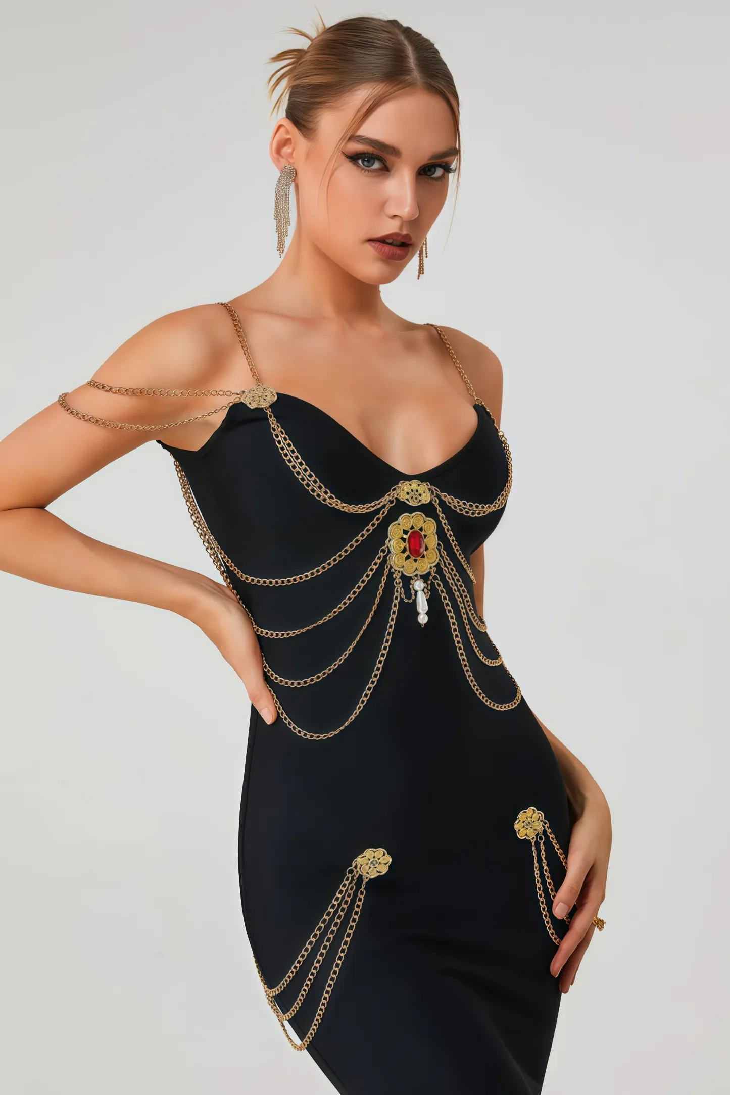 Riven Gold Chain Bandage Maxi Dress