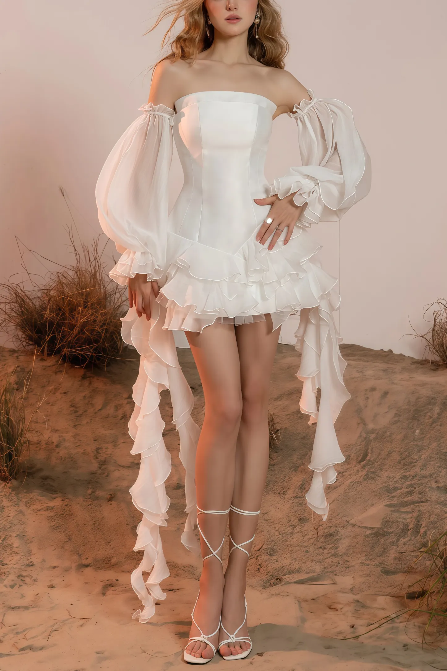 Blayw White Ruffle Flutter Mini Dress