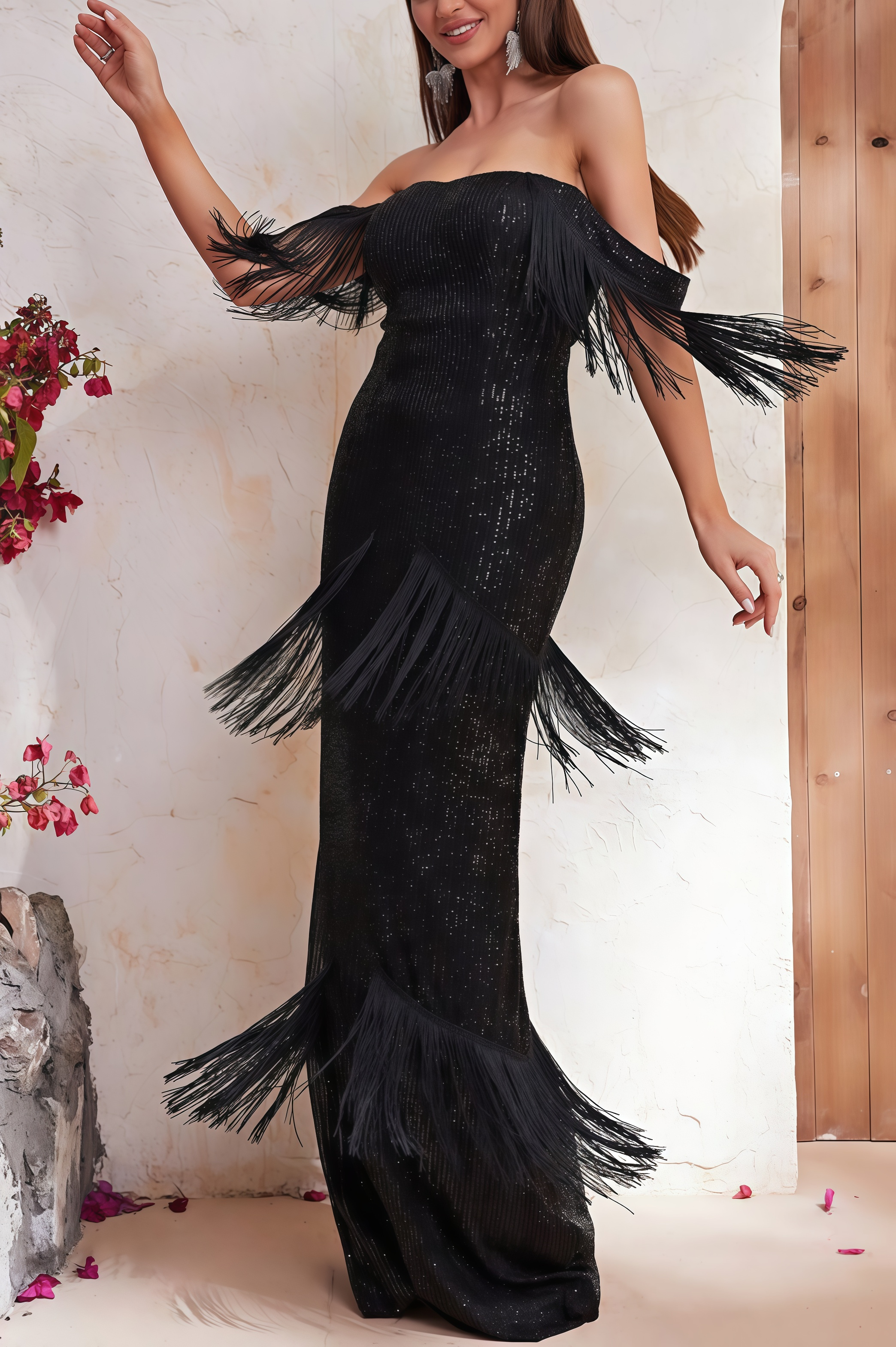 Harlane Sequin Fringe Maxi Dress