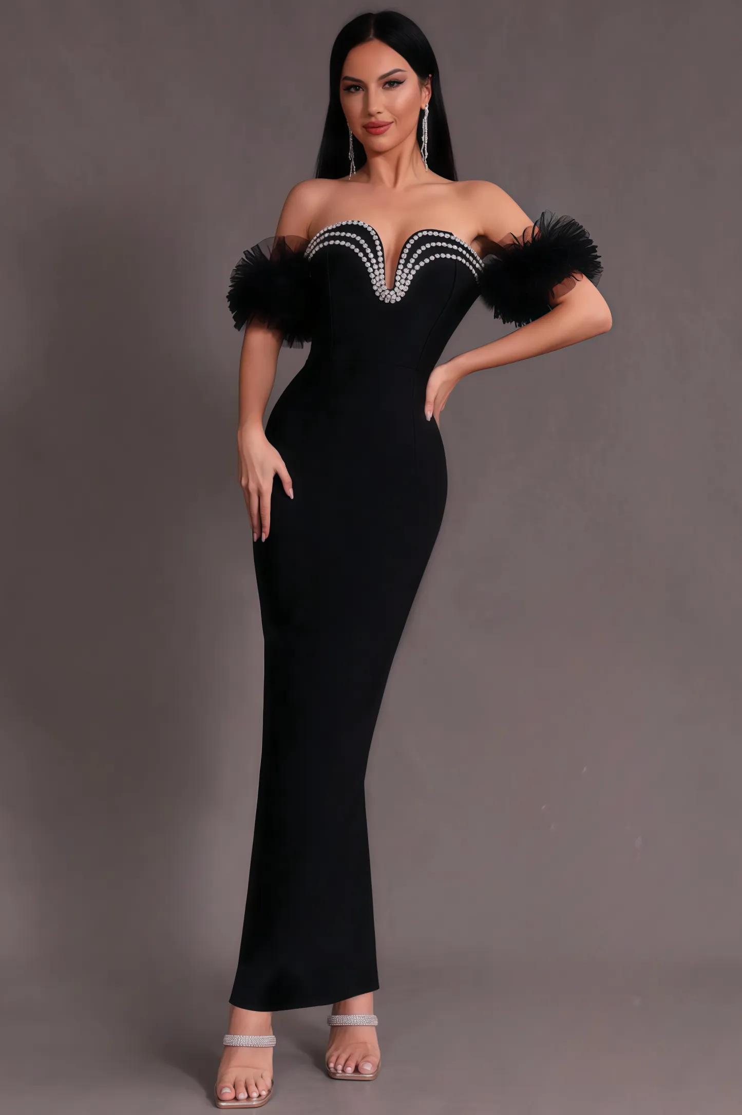 Willa Strapless Mesh Puff Sleeve Maxi Dress