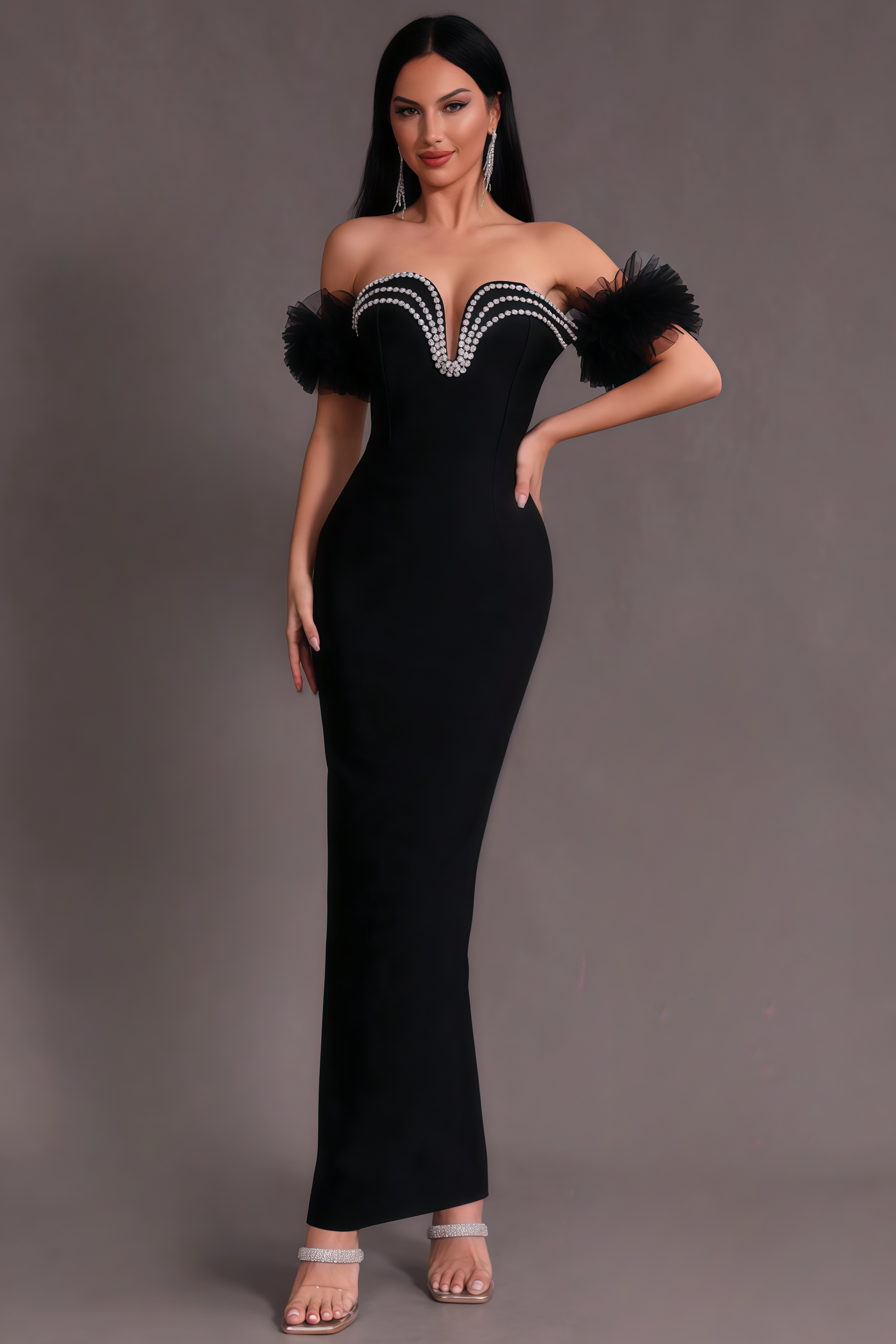 Willa Strapless Mesh Puff Sleeve Maxi Dress