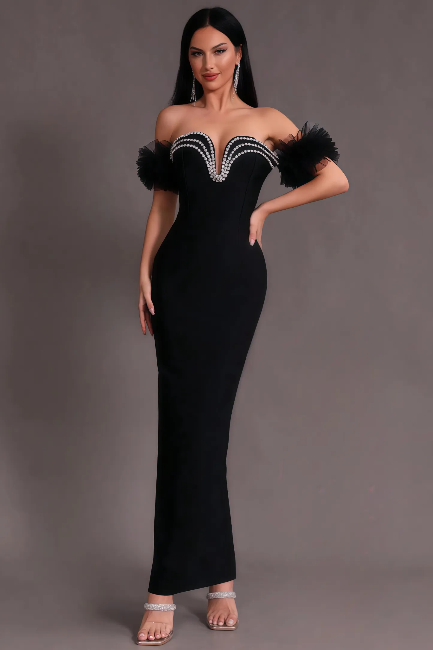 Willa Strapless Mesh Puff Sleeve Maxi Dress