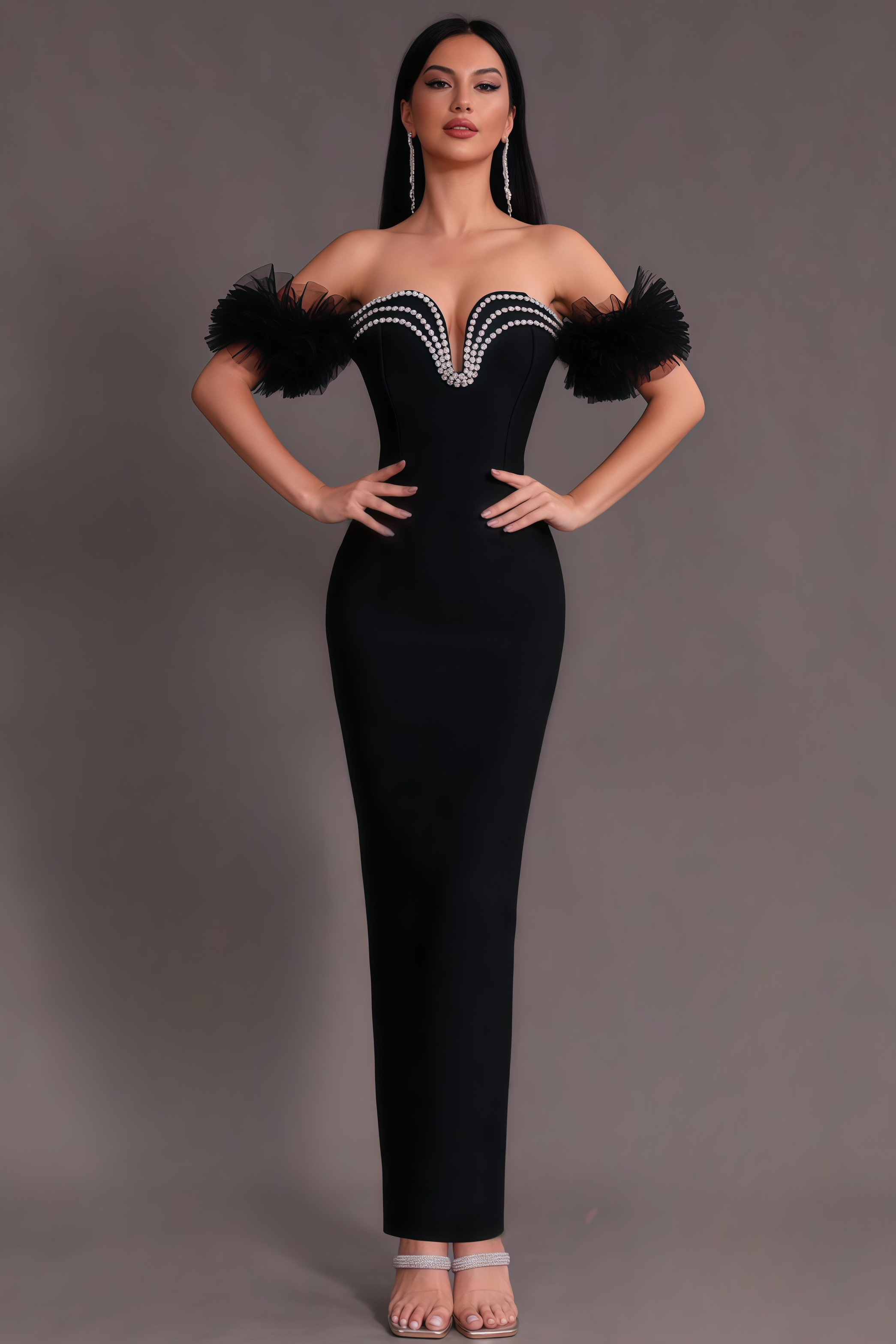 Willa Strapless Mesh Puff Sleeve Maxi Dress