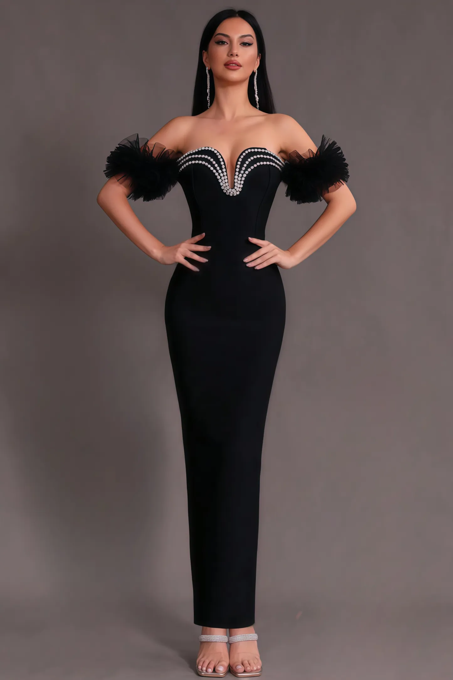 Willa Strapless Mesh Puff Sleeve Maxi Dress