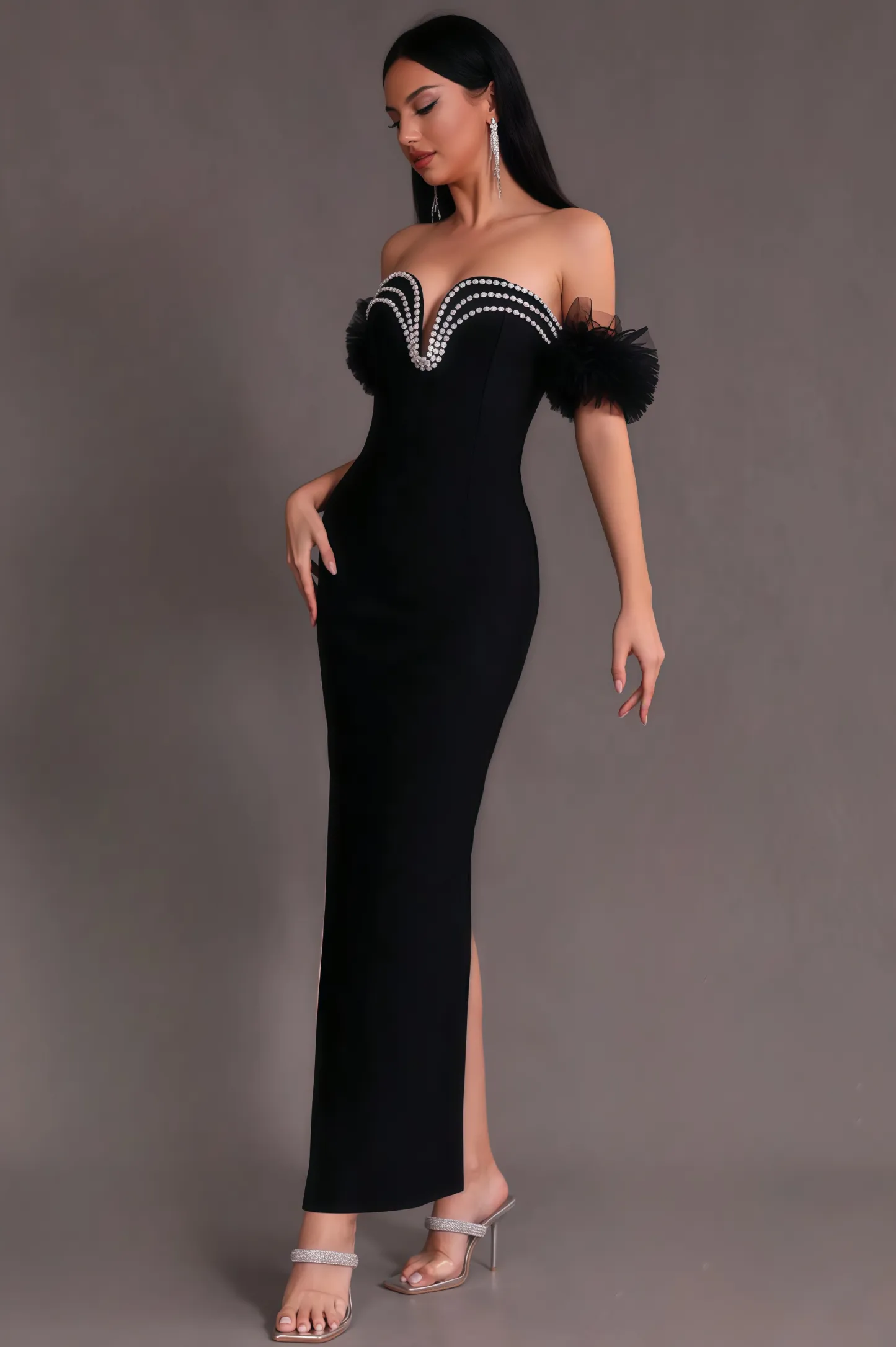Willa Strapless Mesh Puff Sleeve Maxi Dress