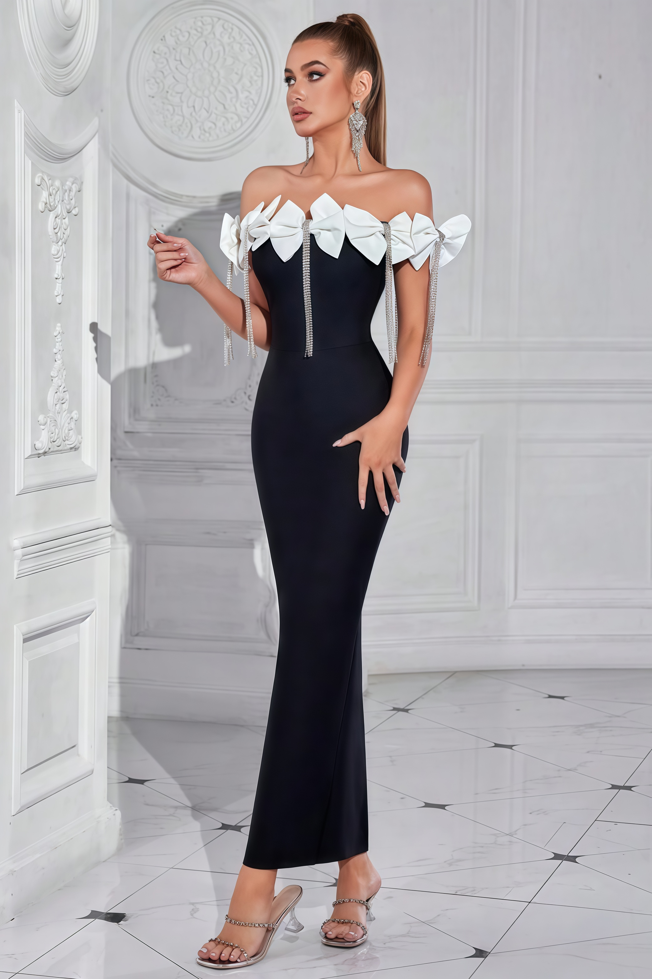 Elle Bow Tassel Diamond Maxi Dress
