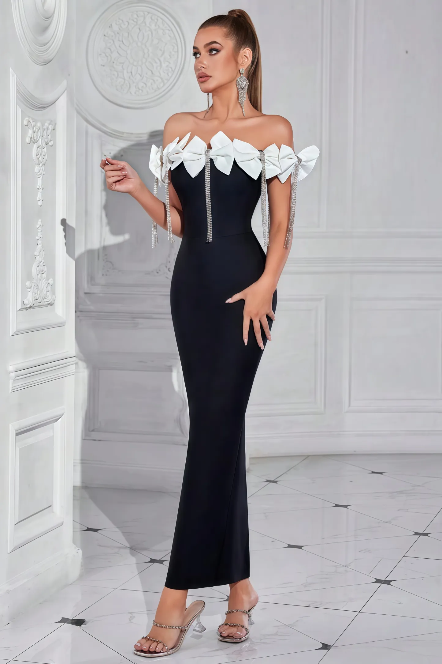 Elle Bow Tassel Diamond Maxi Dress
