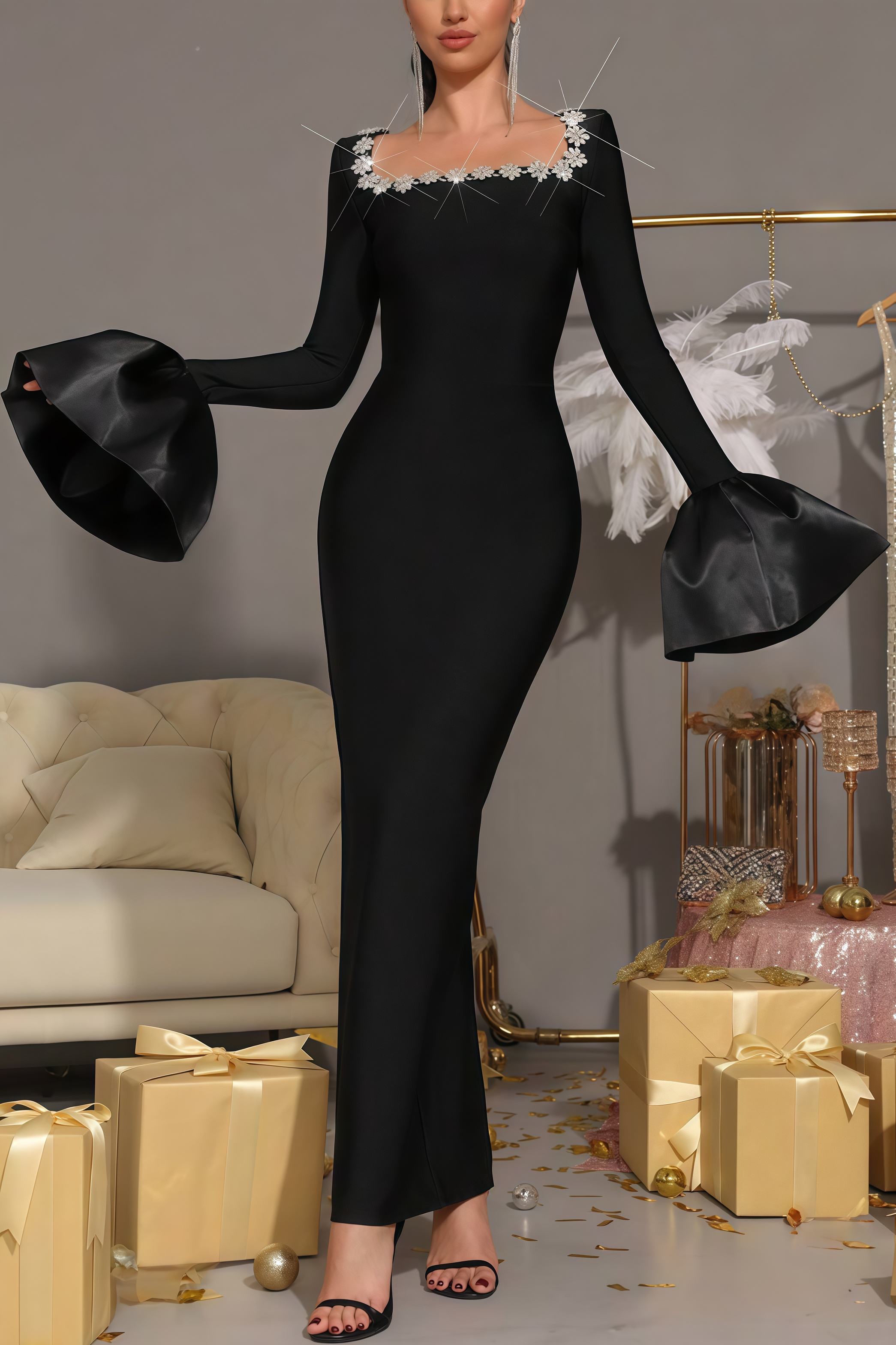 Marcen Studded Flared Sleeve Maxi Dress