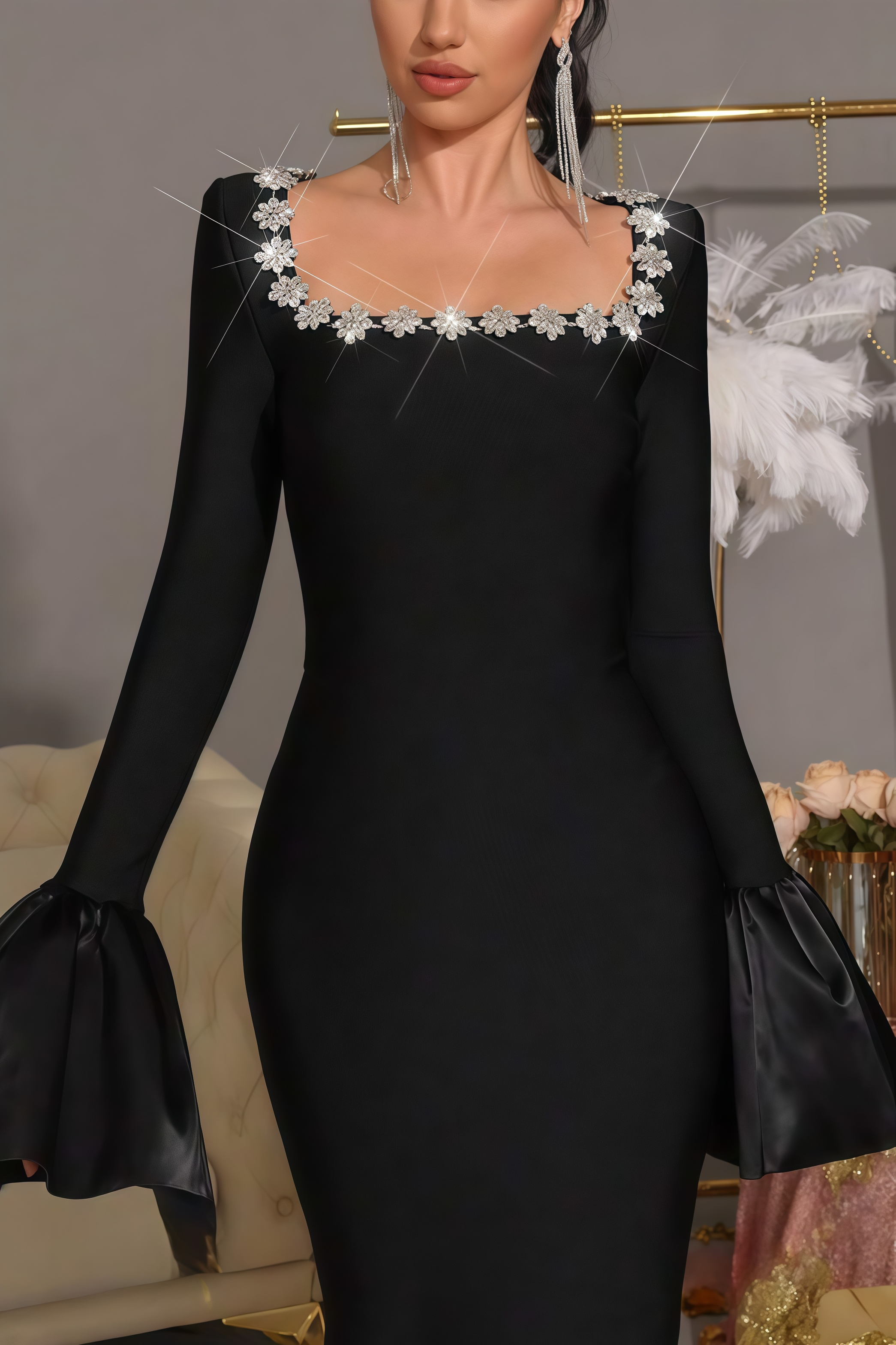 Marcen Studded Flared Sleeve Maxi Dress