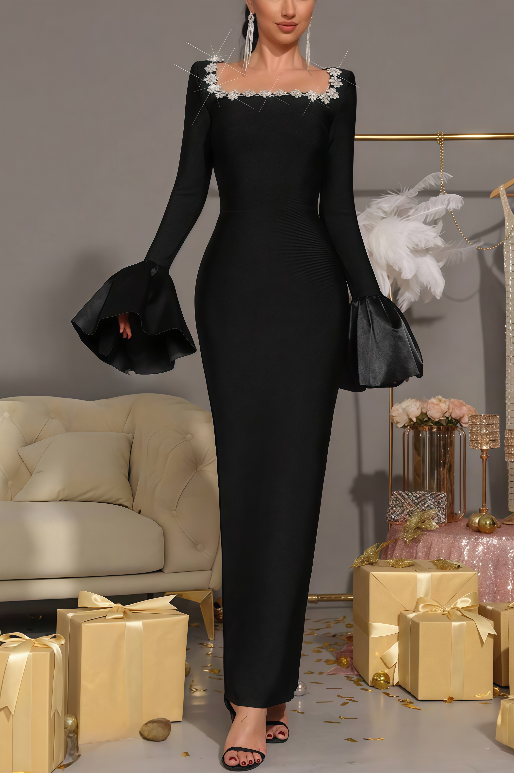 Marcen Studded Flared Sleeve Maxi Dress