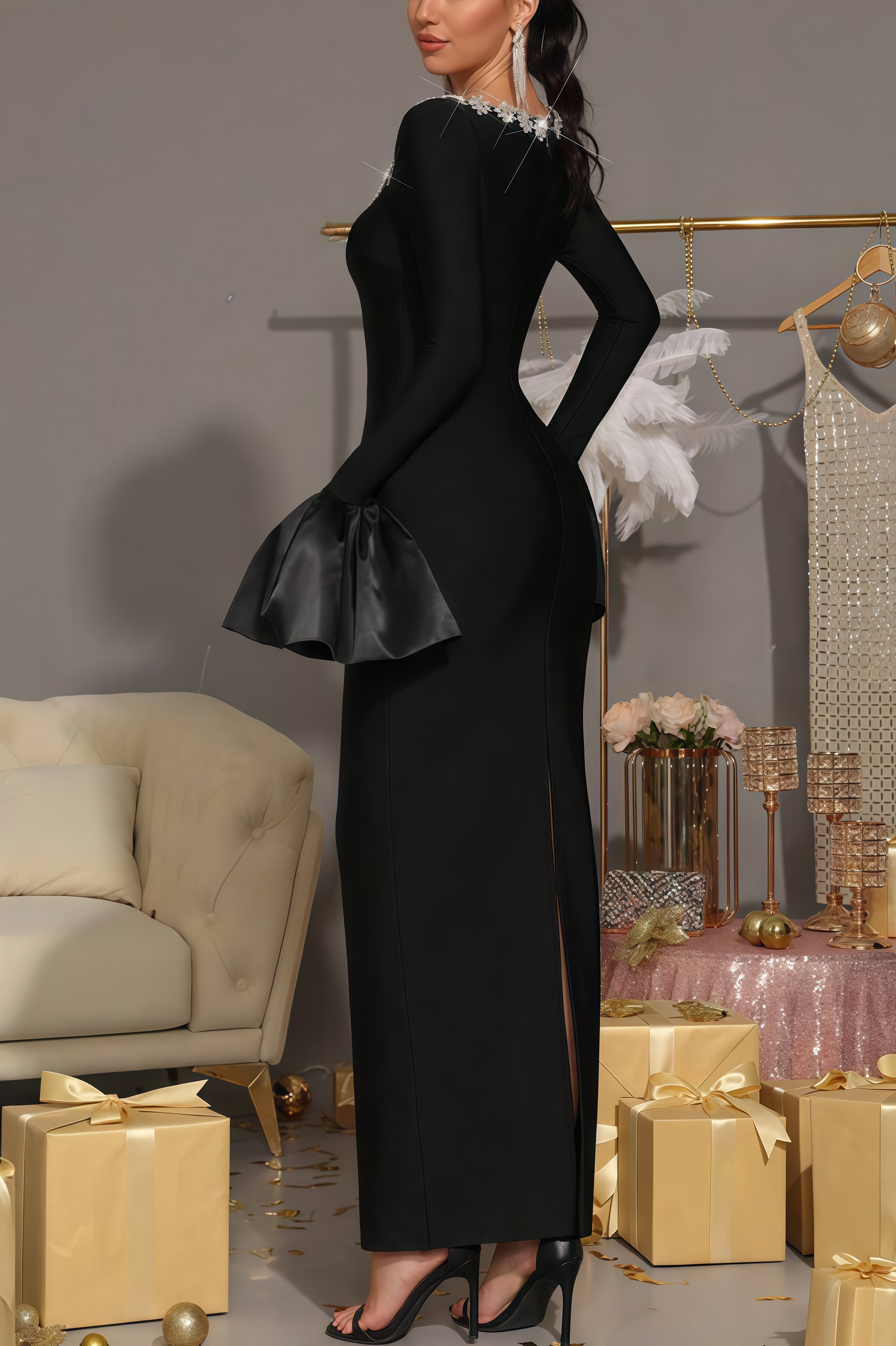 Marcen Studded Flared Sleeve Maxi Dress