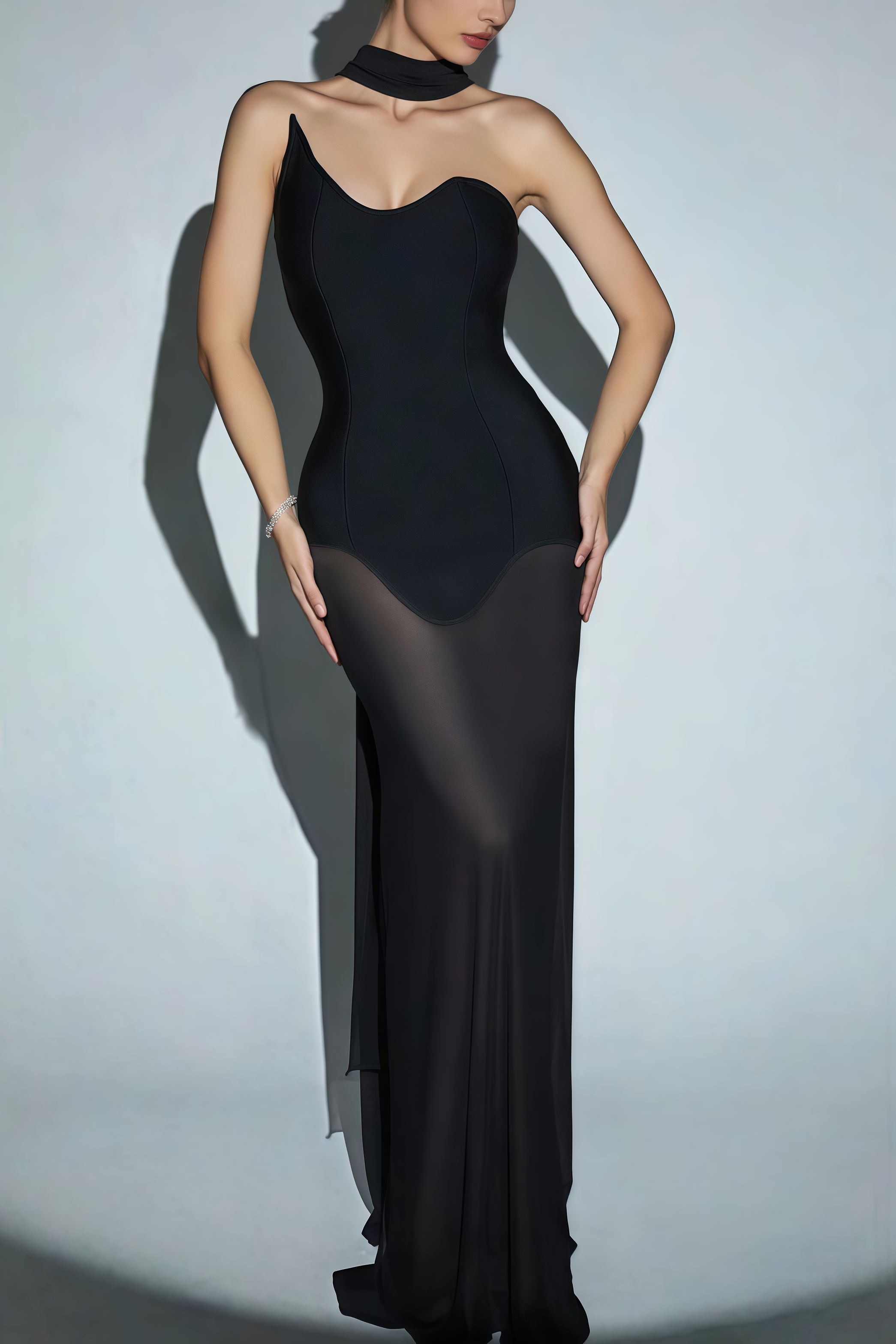 Urselk Black Mesh Bandage Maxi Dress