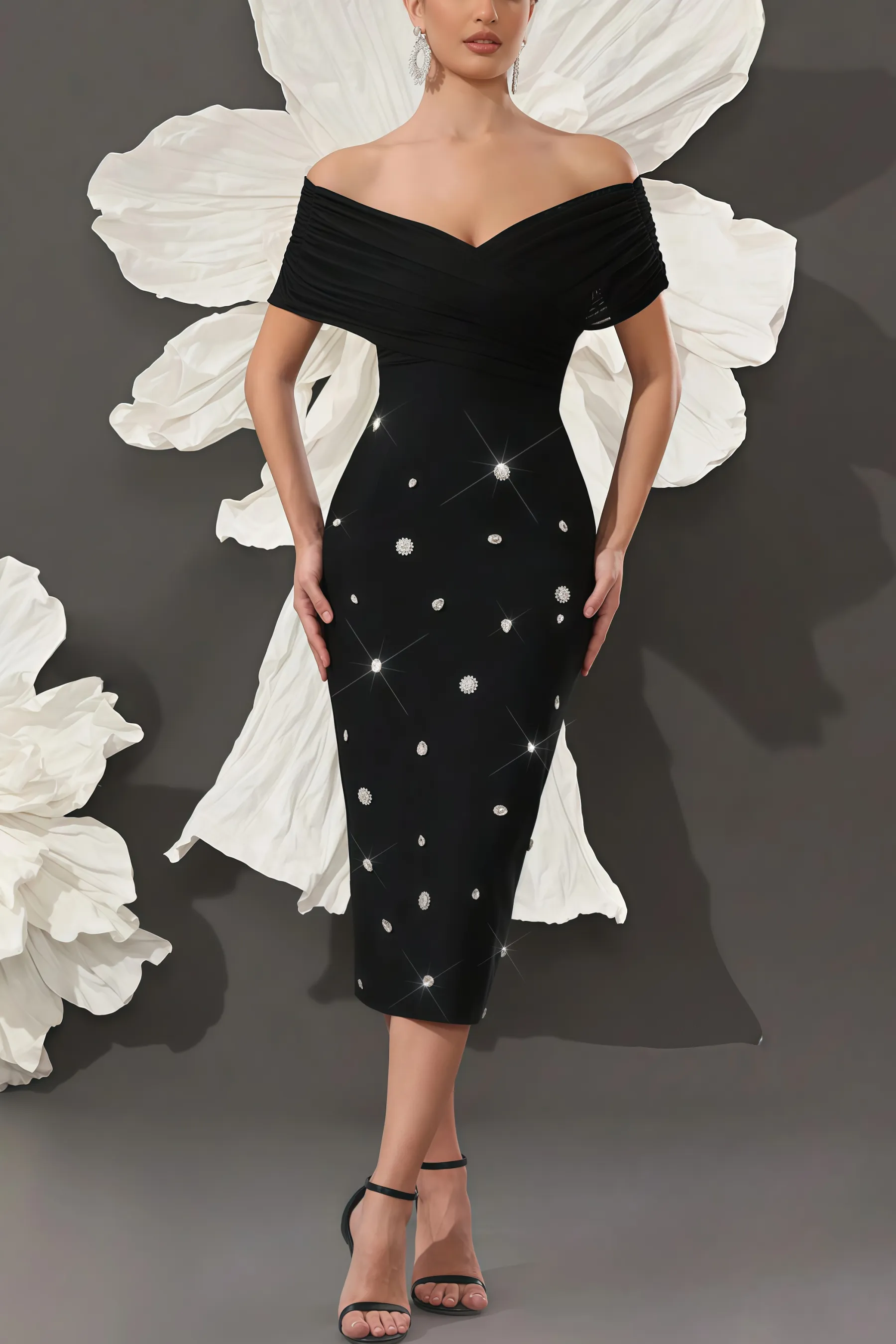 Marisad Strapless Mesh Studded Midi Dress