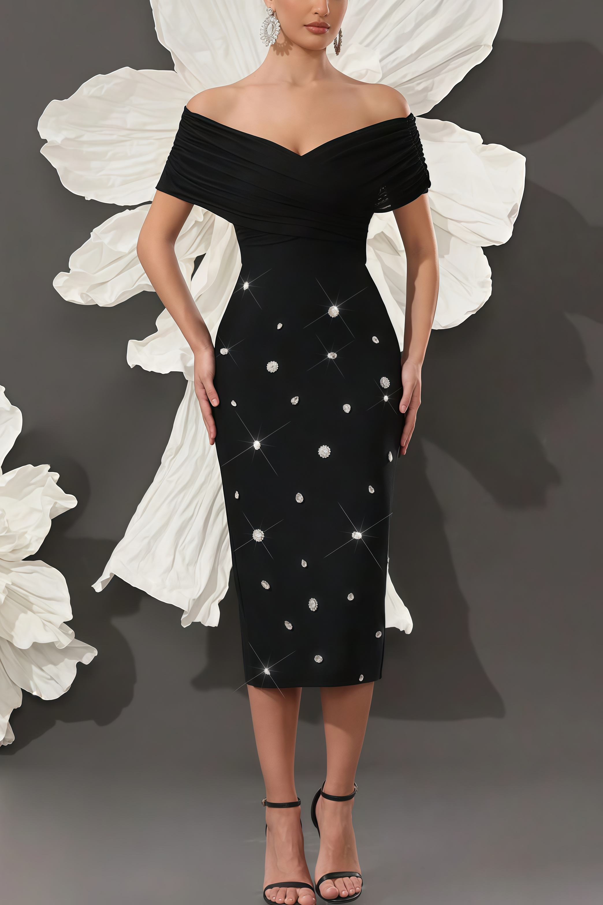 Marisad Strapless Mesh Studded Midi Dress
