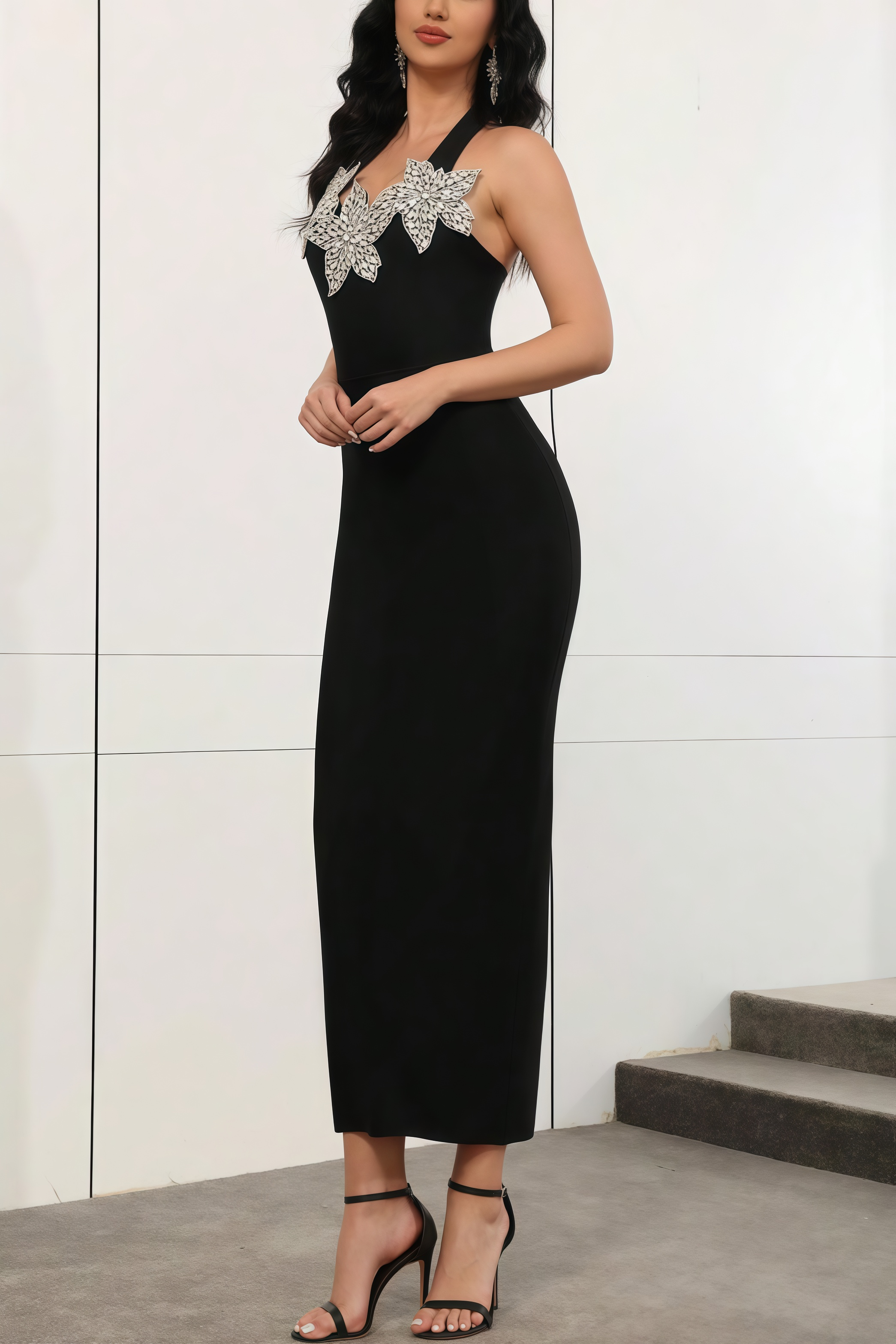 Raysa Hanging Neck 3D Floral Diamond Maxi Dress