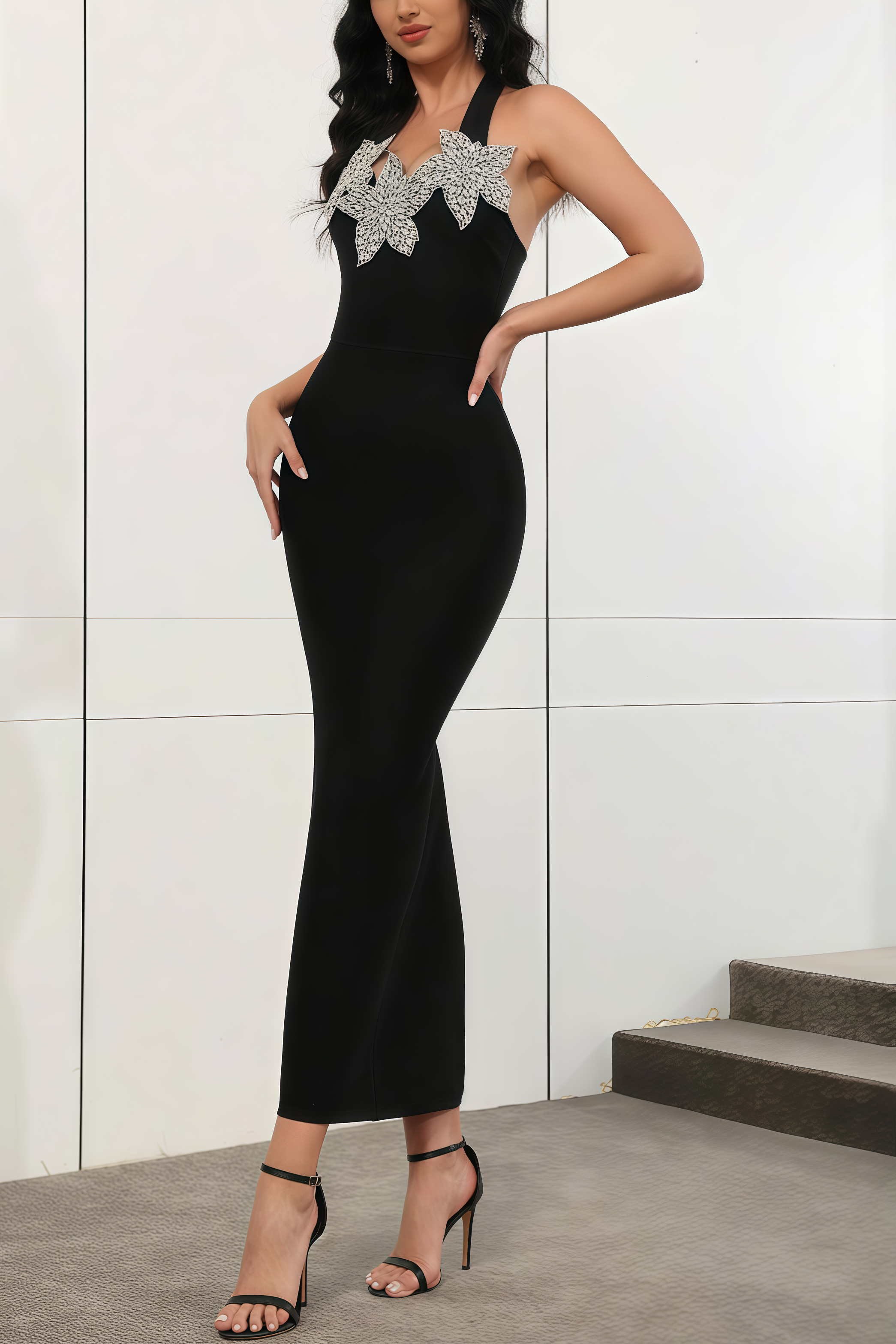 Raysa Hanging Neck 3D Floral Diamond Maxi Dress
