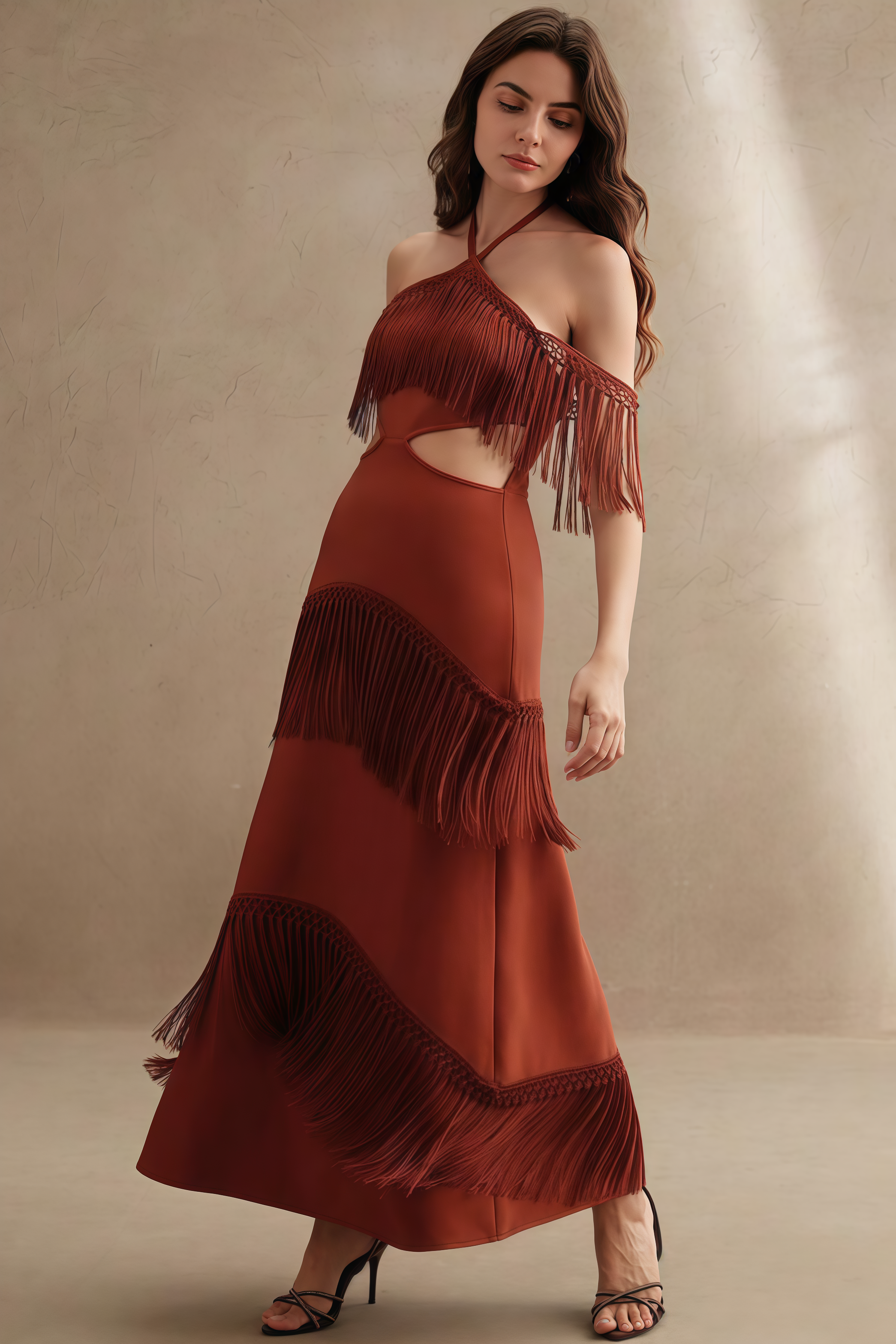 Perra Hanging Neck Fringe Maxi Dress