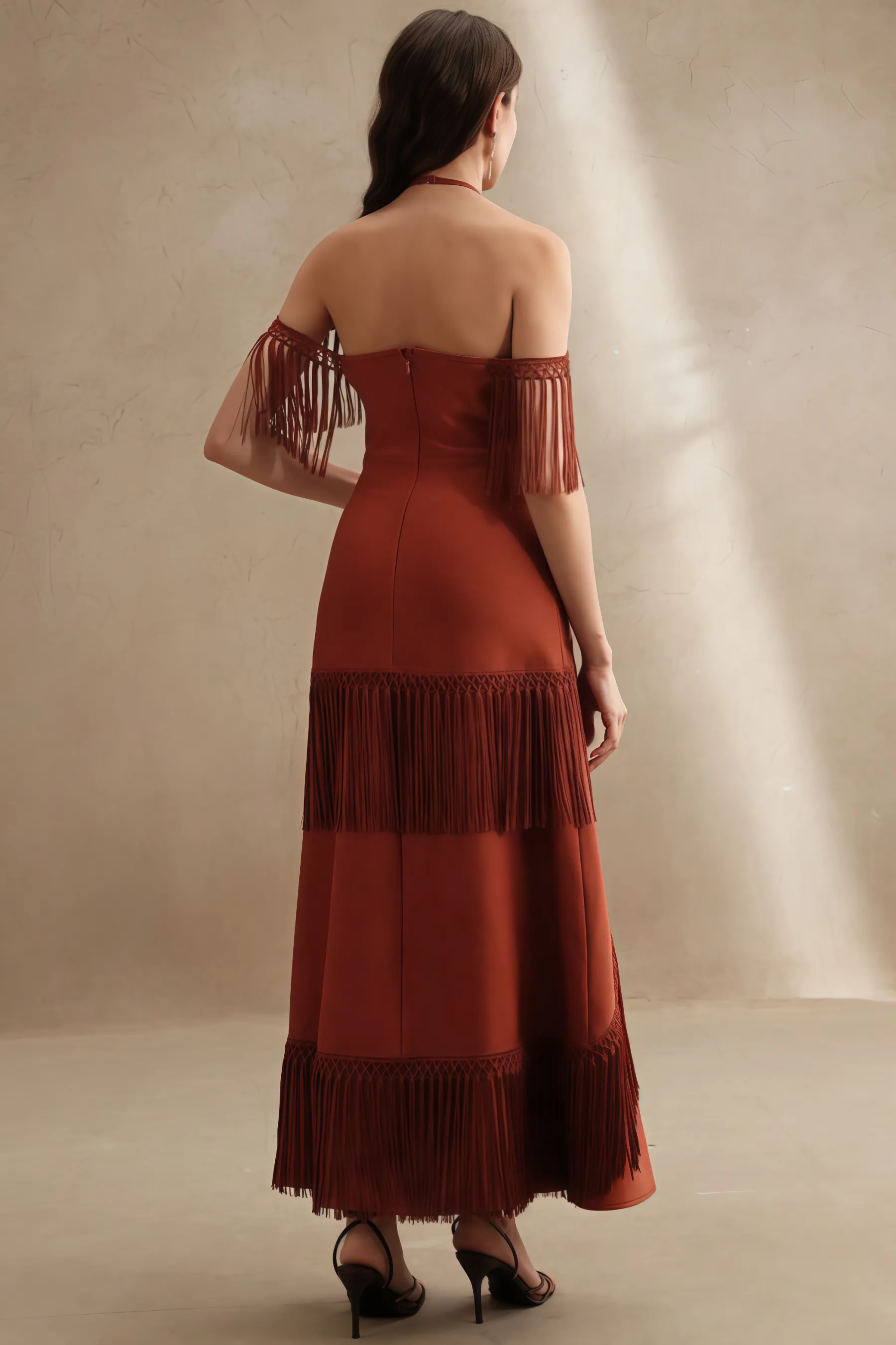 Perra Hanging Neck Fringe Maxi Dress