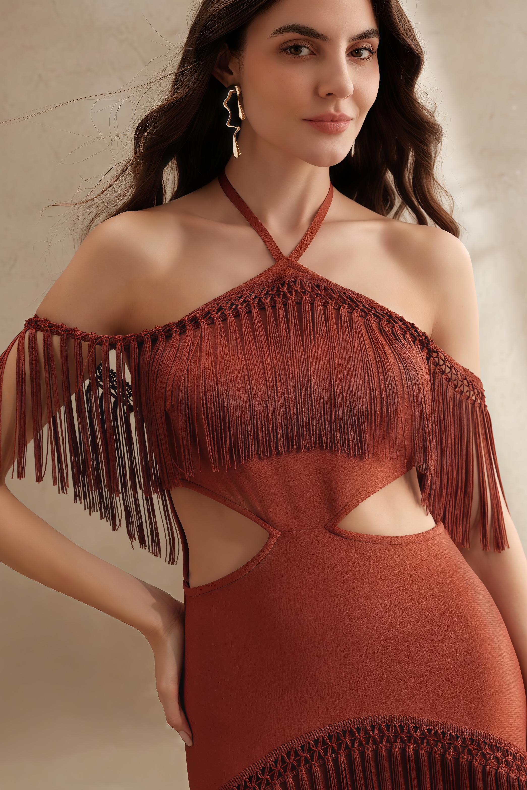 Perra Hanging Neck Fringe Maxi Dress