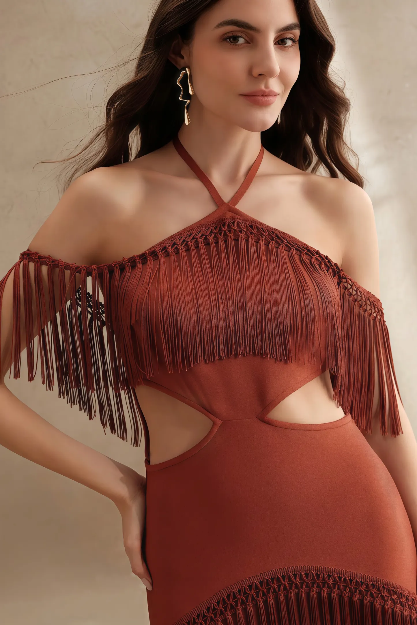 Perra Hanging Neck Fringe Maxi Dress