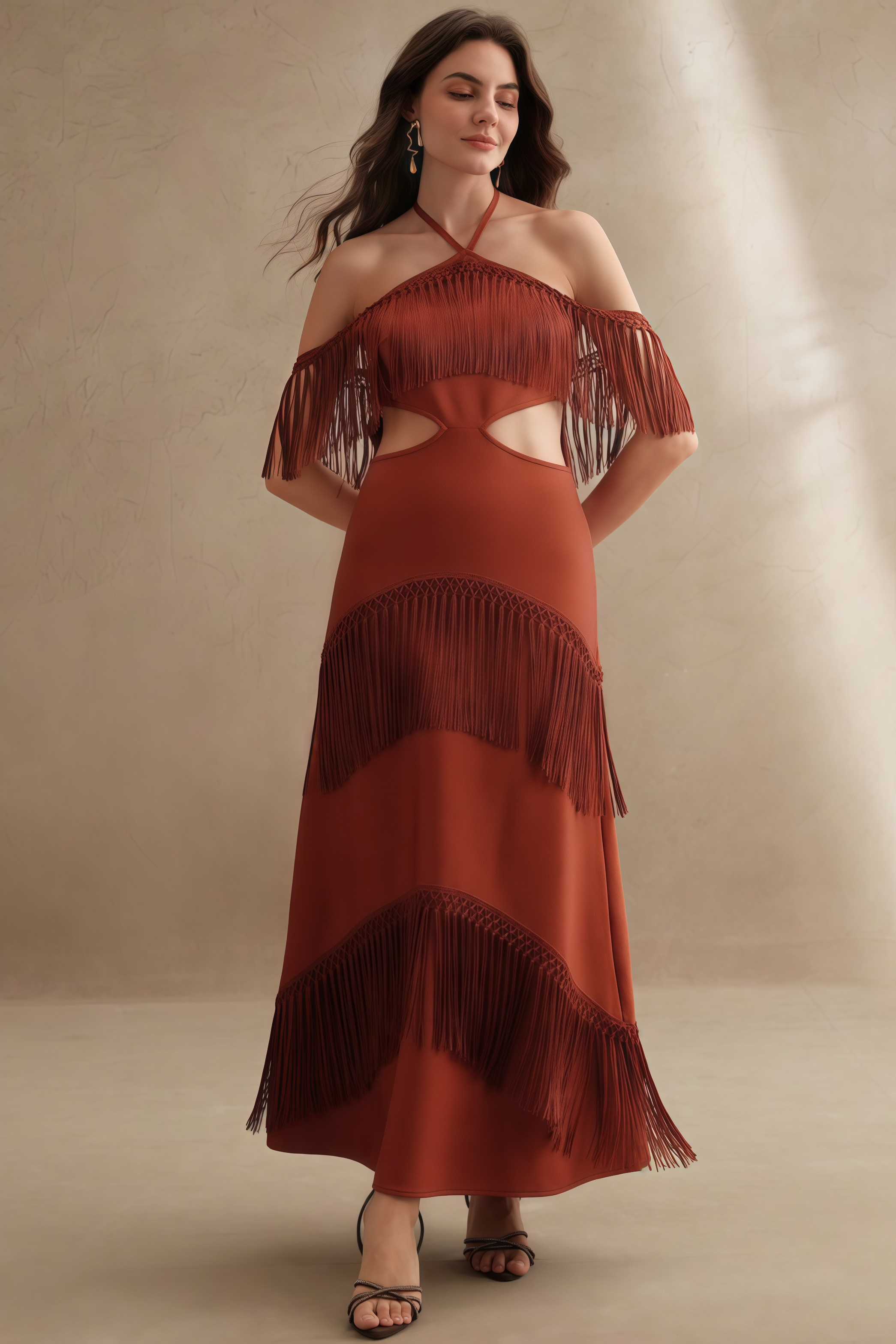 Perra Hanging Neck Fringe Maxi Dress