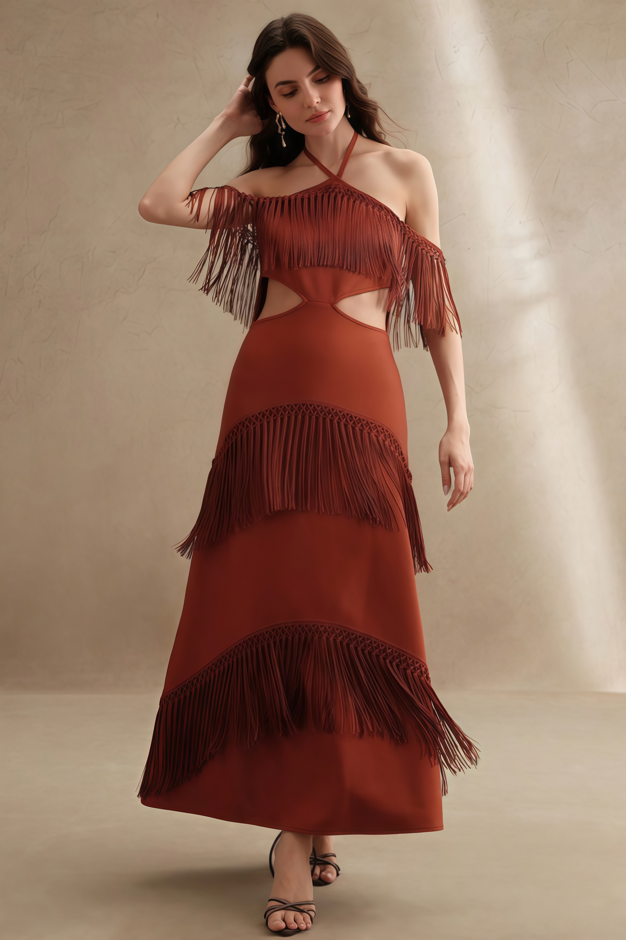 Perra Hanging Neck Fringe Maxi Dress