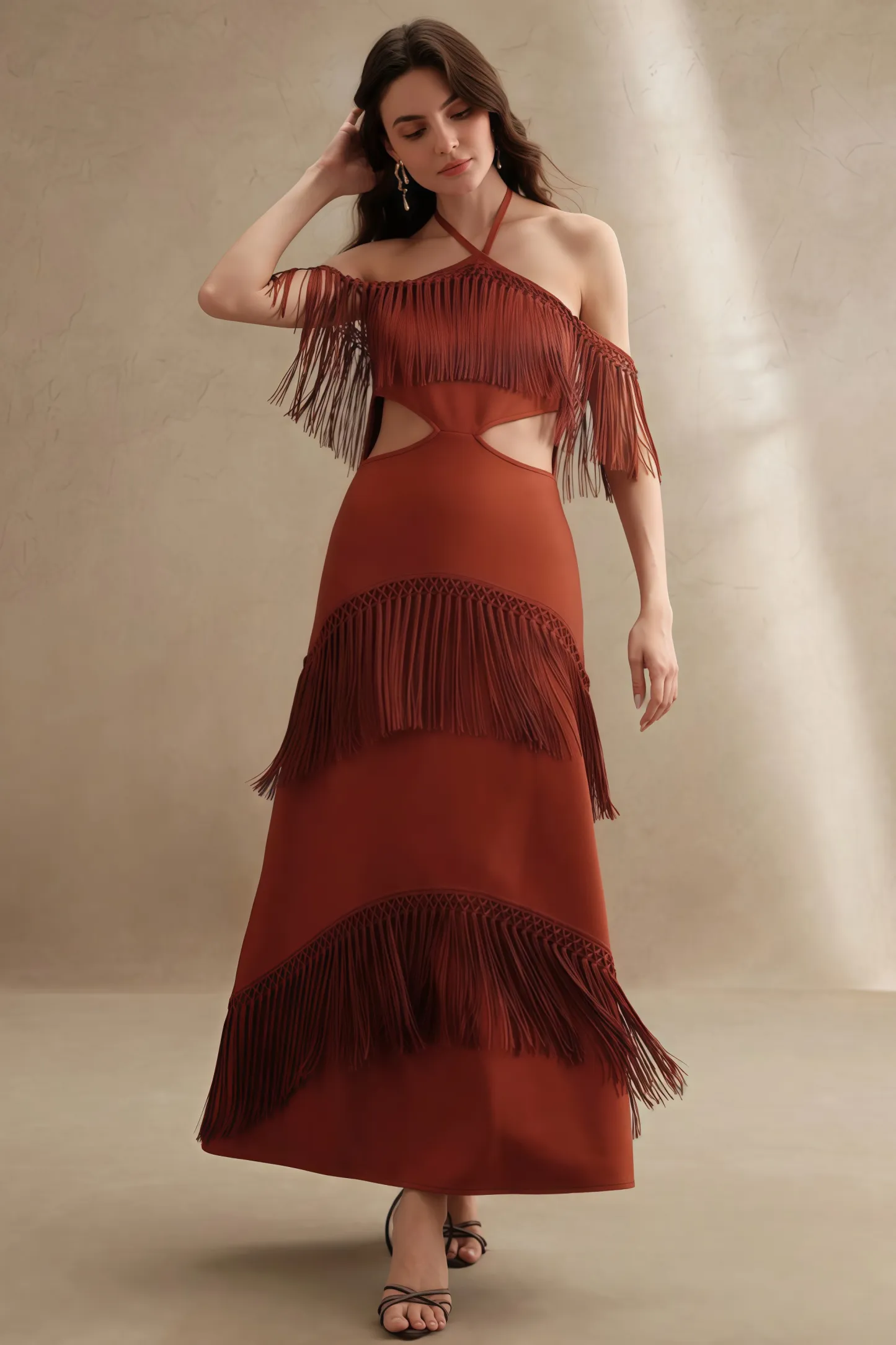 Perra Hanging Neck Fringe Maxi Dress
