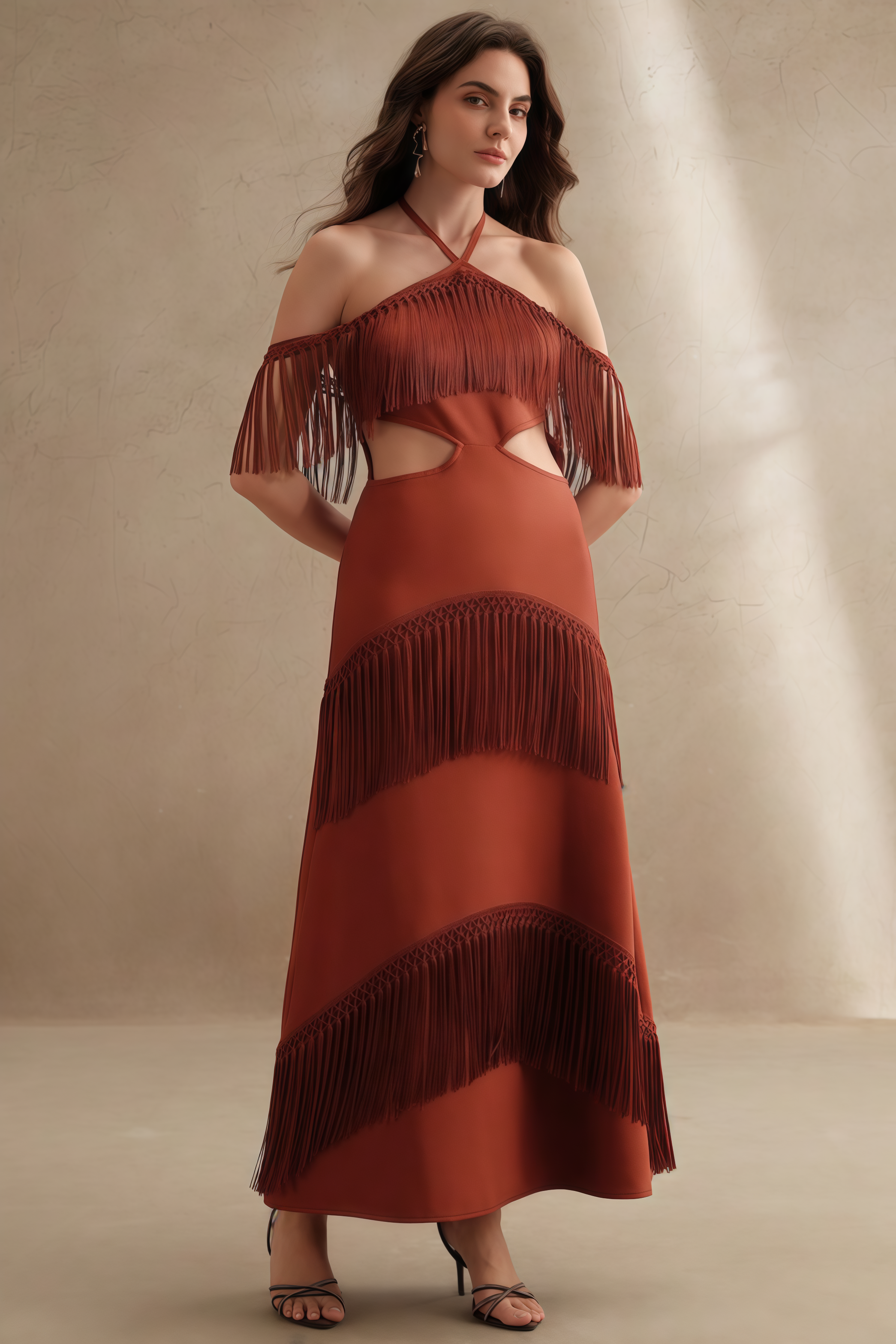 Perra Hanging Neck Fringe Maxi Dress