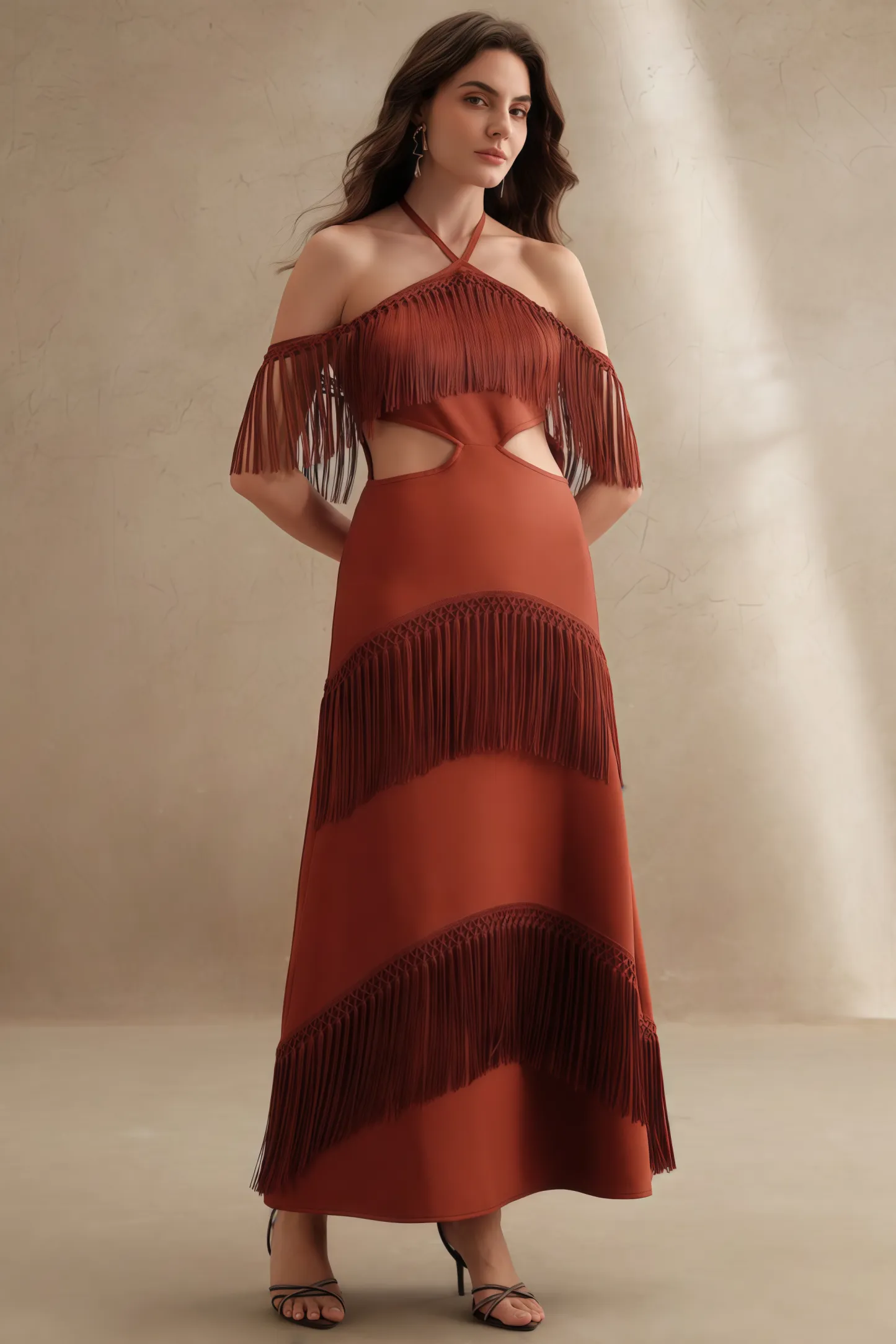 Perra Hanging Neck Fringe Maxi Dress