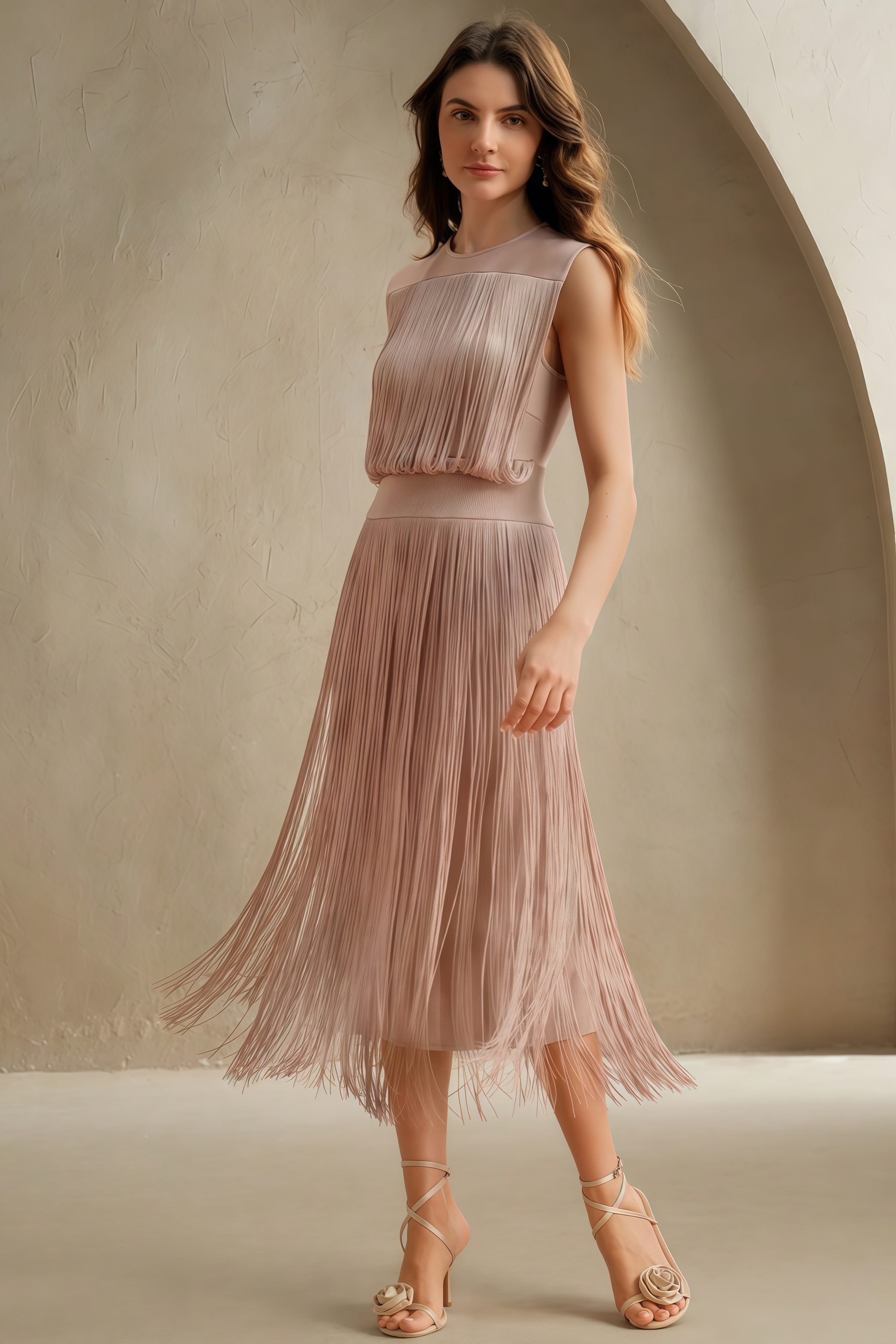 Raenk Sleeveless Fringe Midi Dress