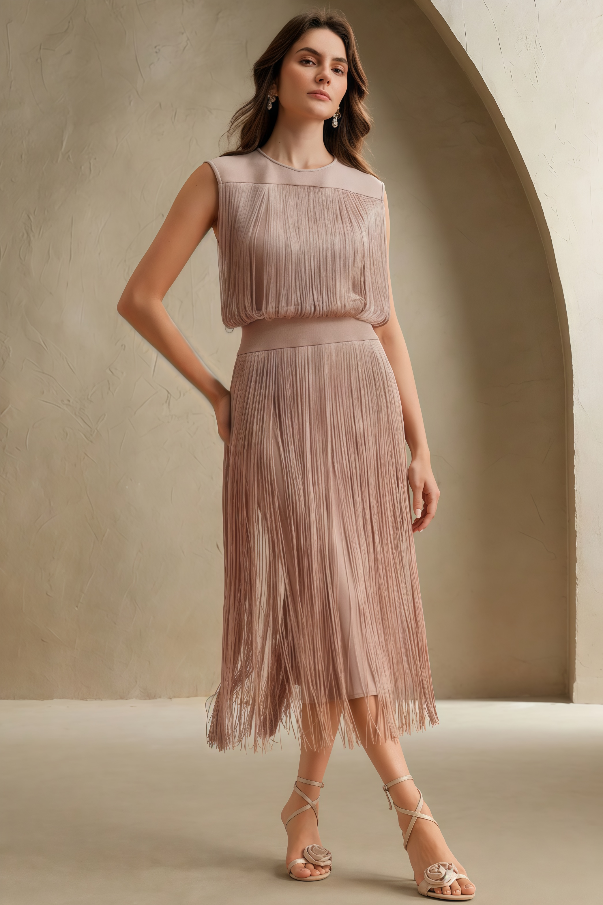 Raenk Sleeveless Fringe Midi Dress