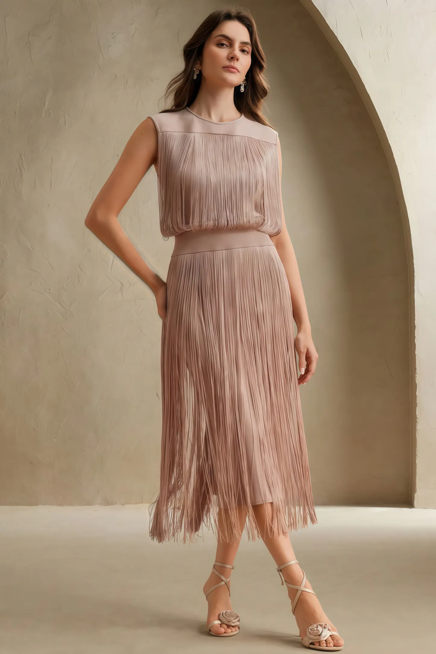 Raenk Sleeveless Fringe Midi Dress