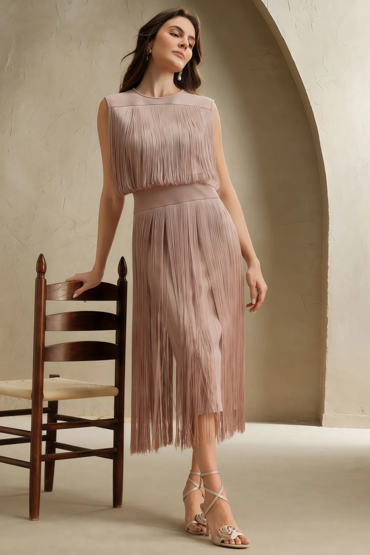 Raenk Sleeveless Fringe Midi Dress