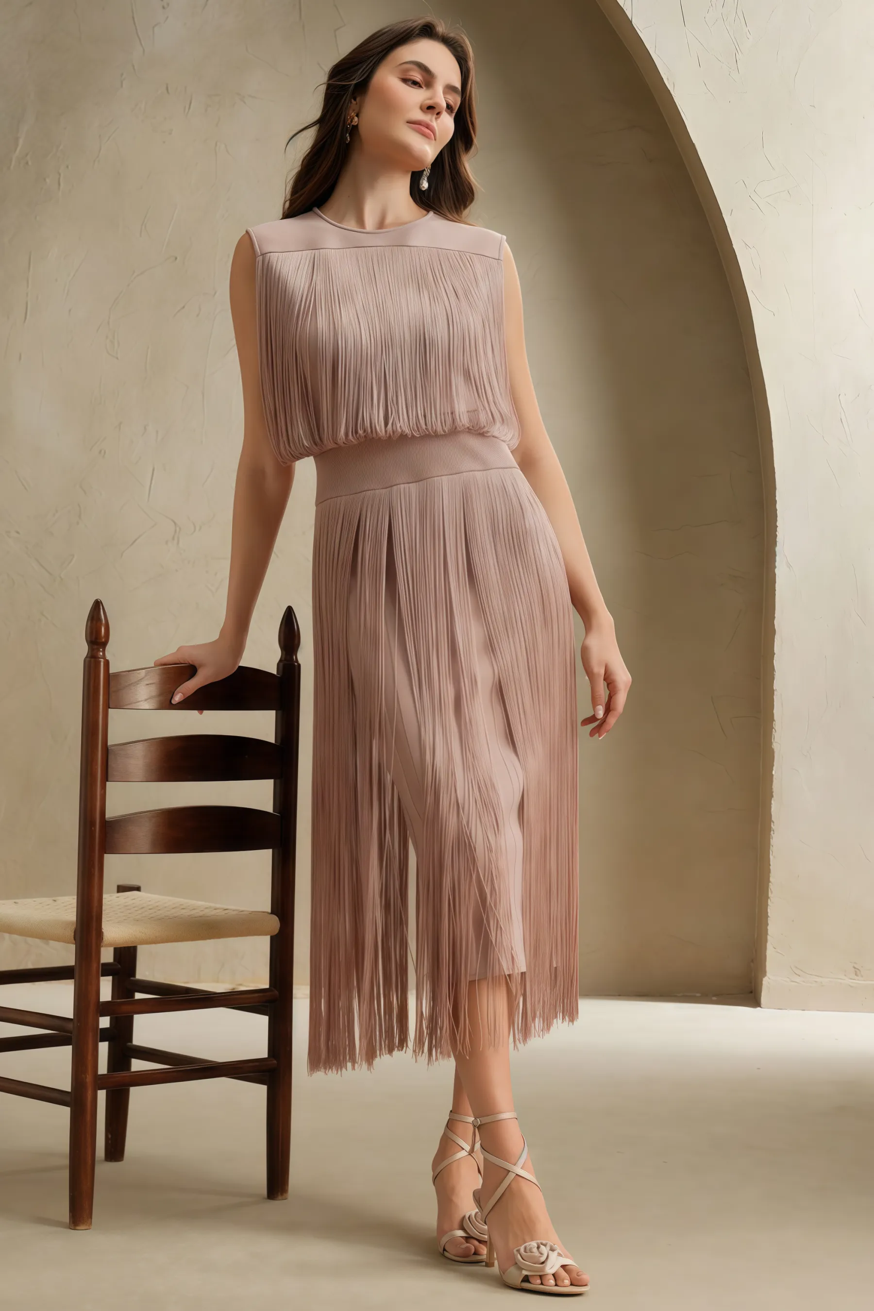 Raenk Sleeveless Fringe Midi Dress