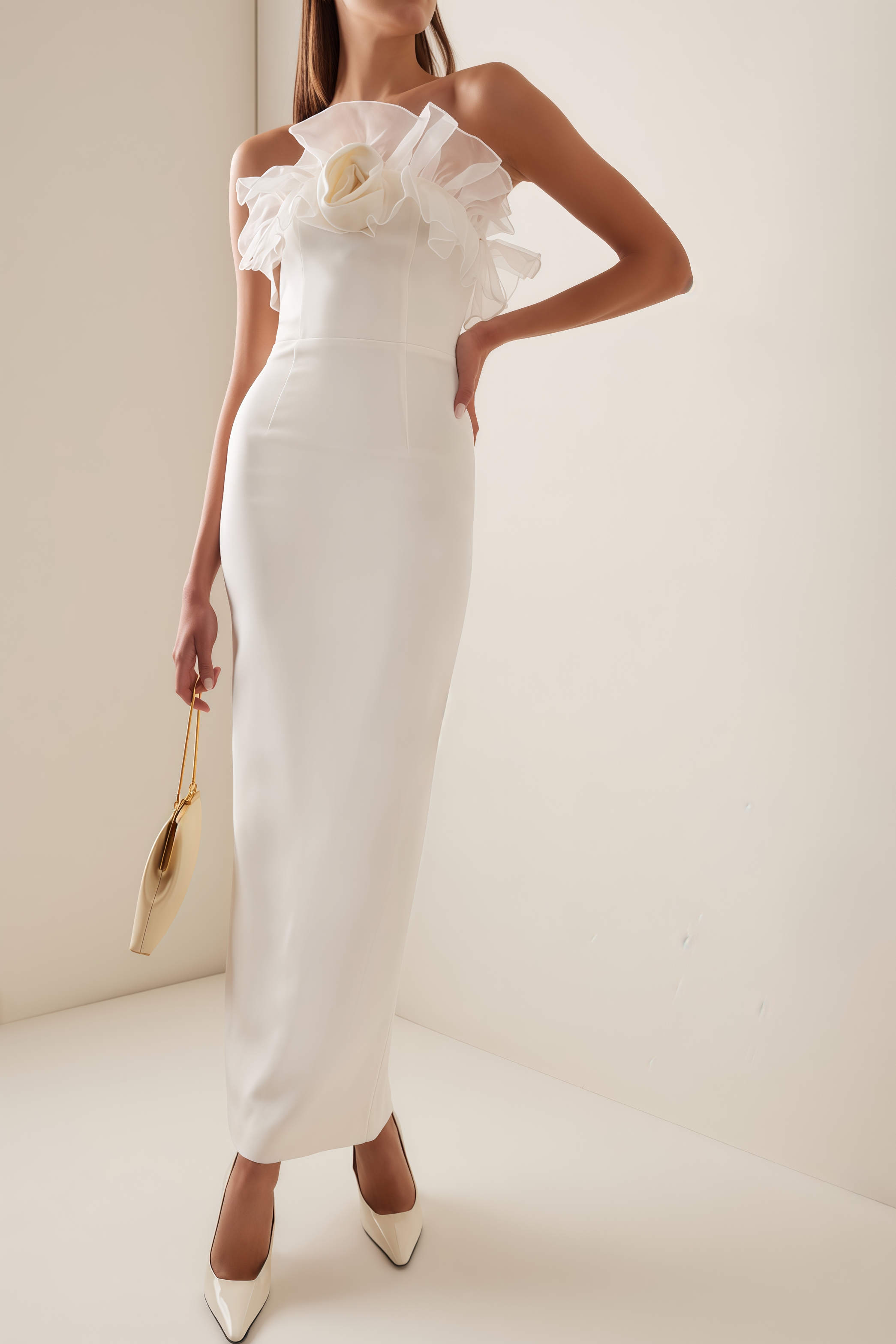 Zaretp White Ruffled Silk Midi Dress