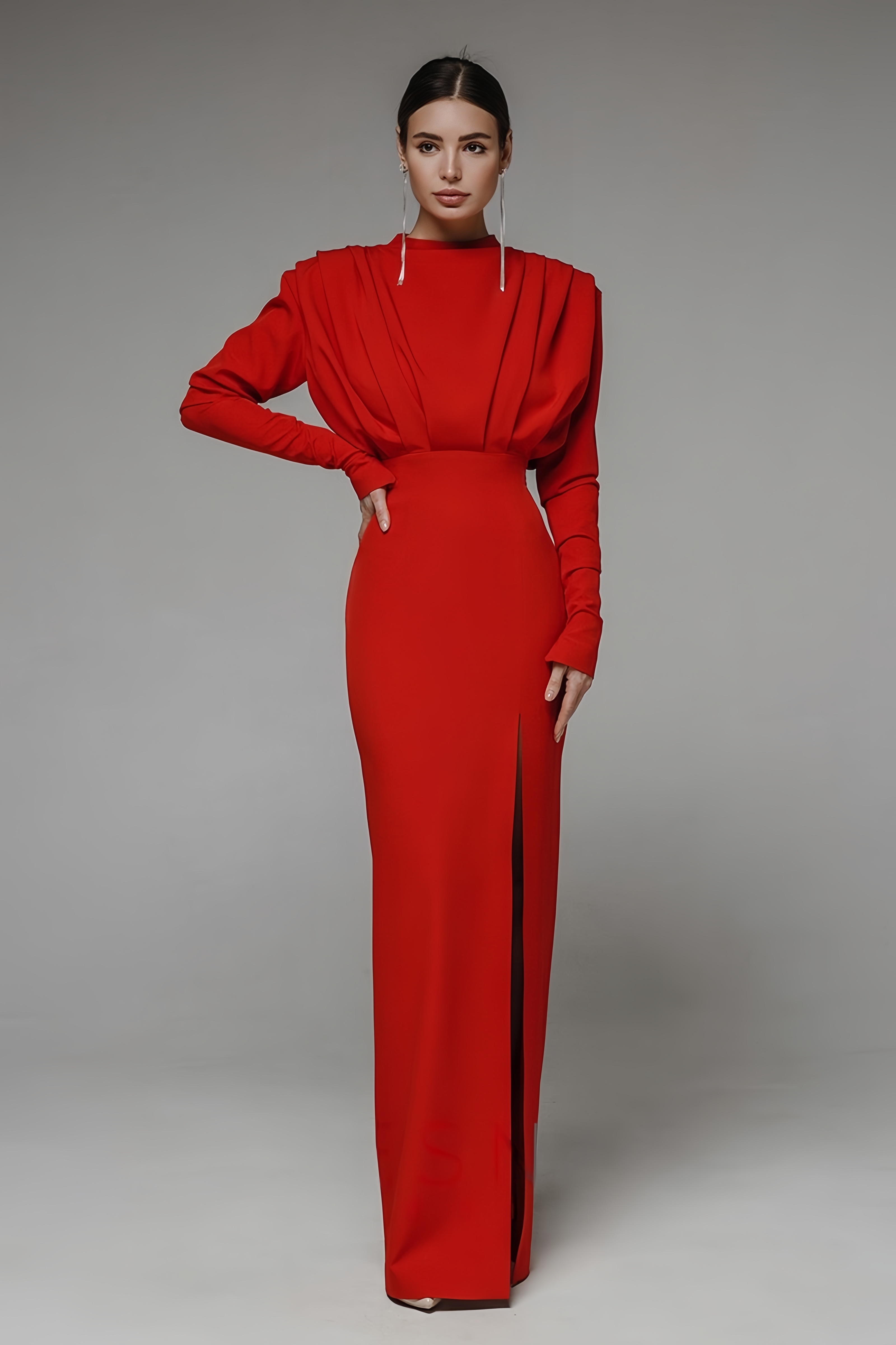 Hedwig High Neck Slit Maxi Dress-Red