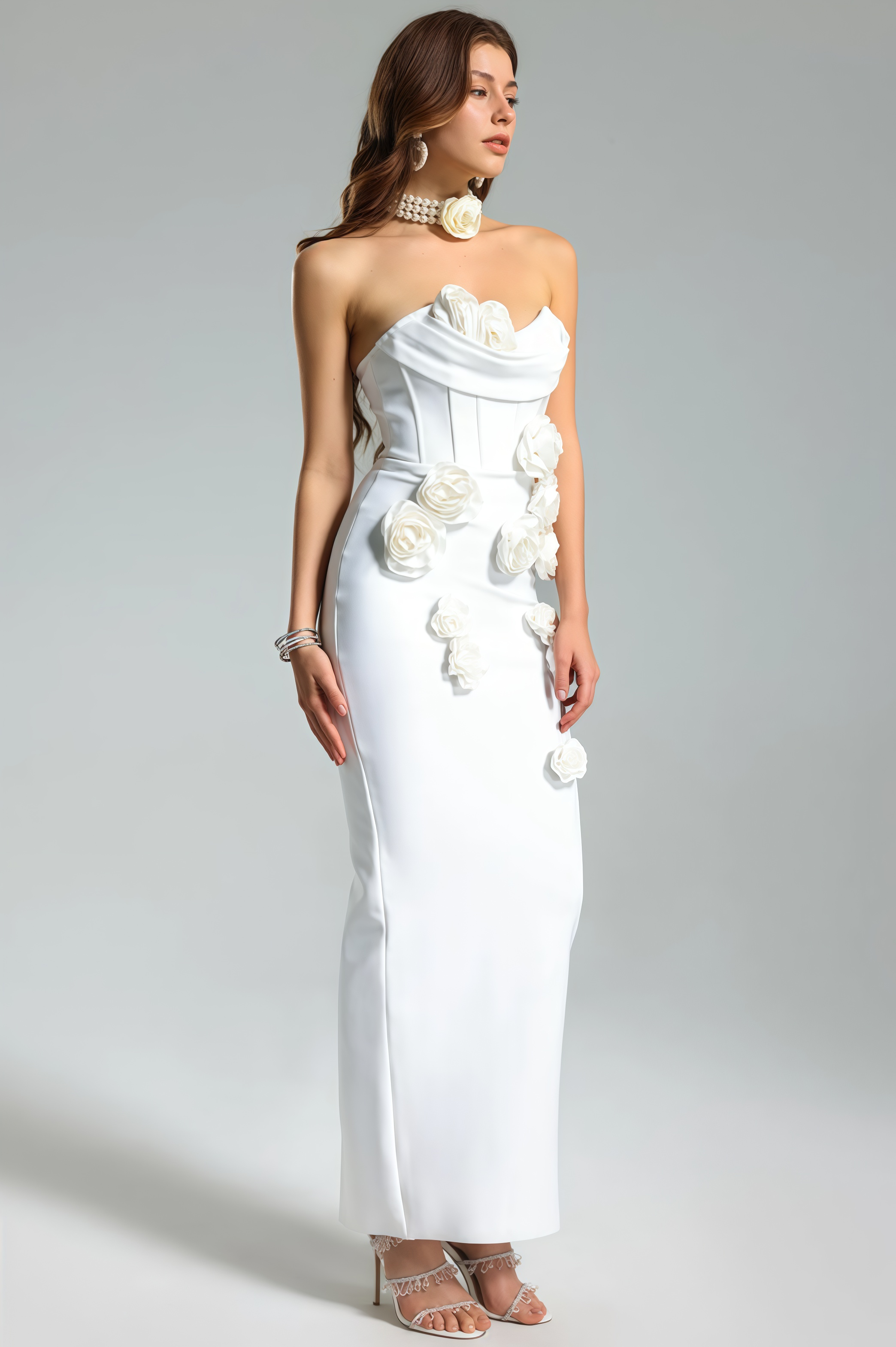 Islay White Rose Off Shoulder Maxi Dress