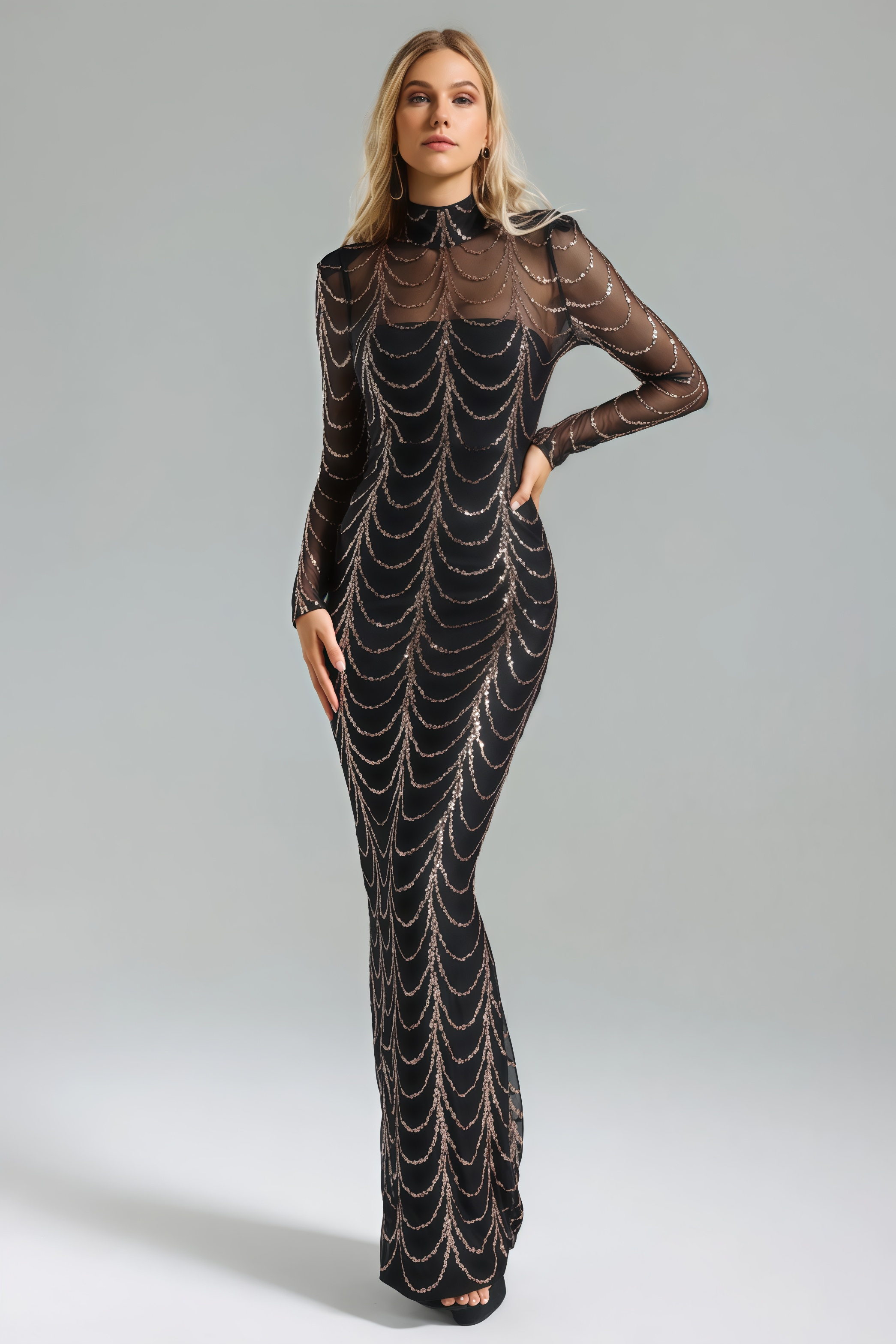 Rhea Sequins Mesh Maxi Dress