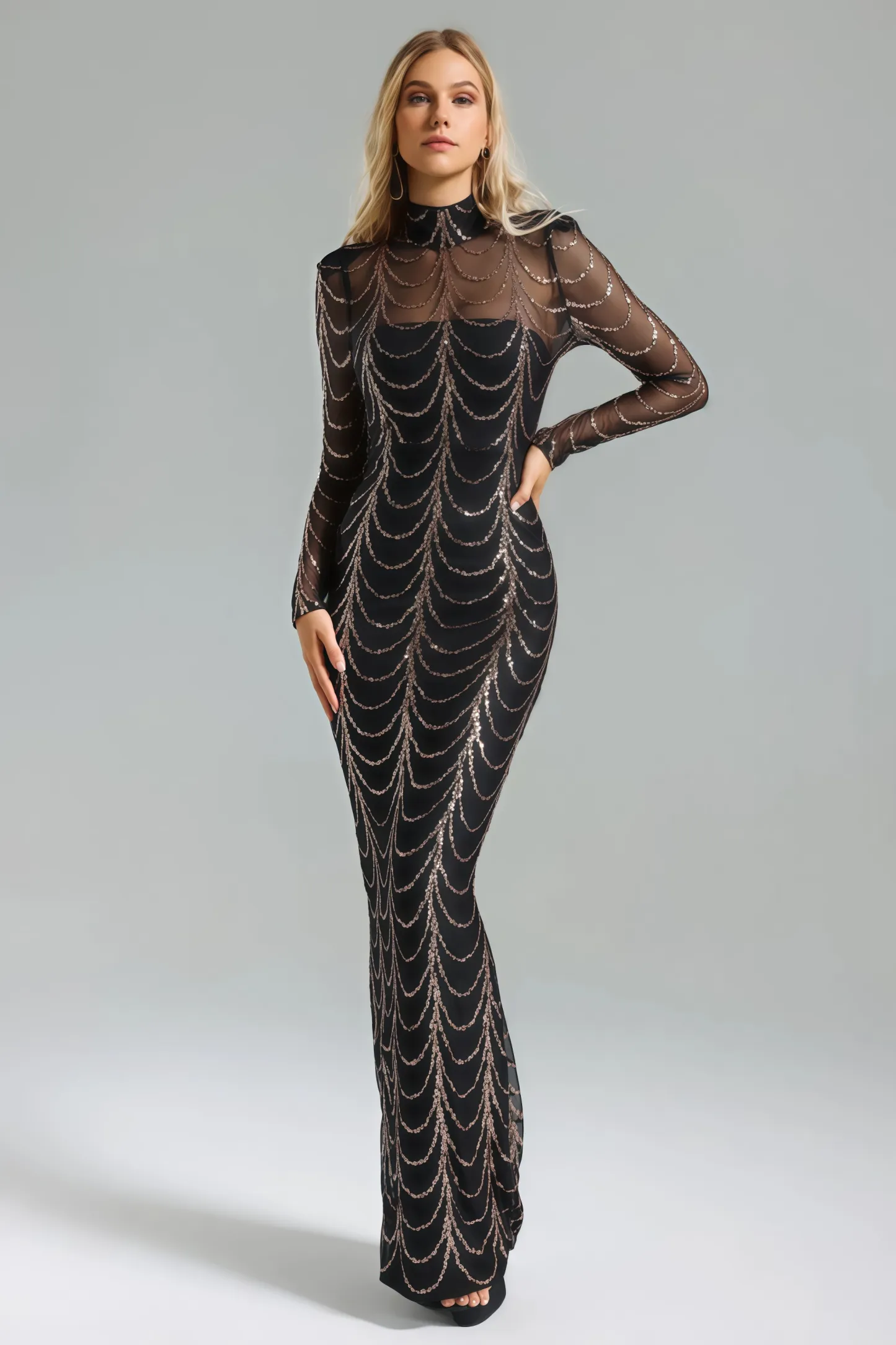 Rhea Sequins Mesh Maxi Dress