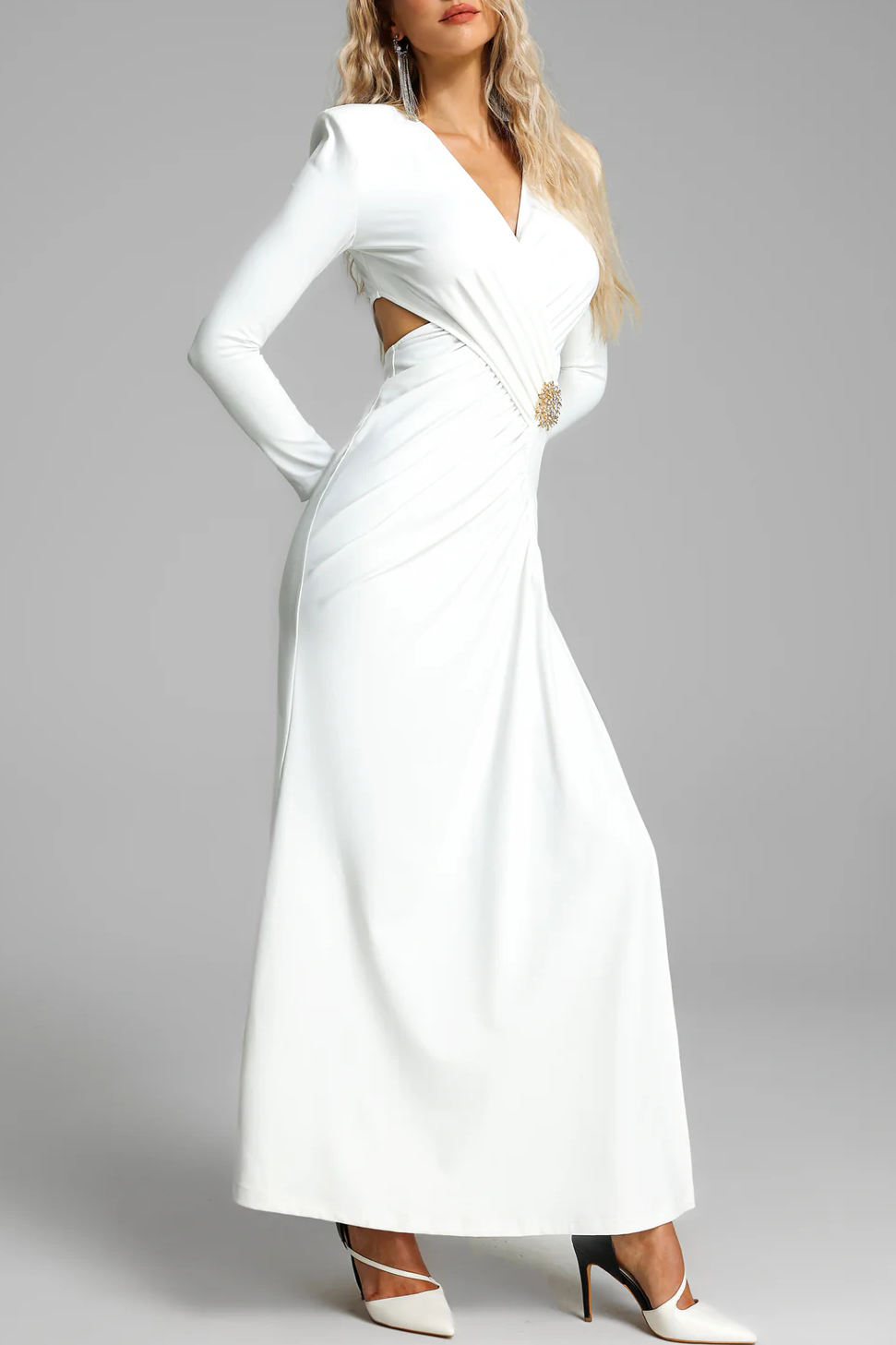 Gemma V-Neck Long Sleeve Slit Solid Midi Dress ?