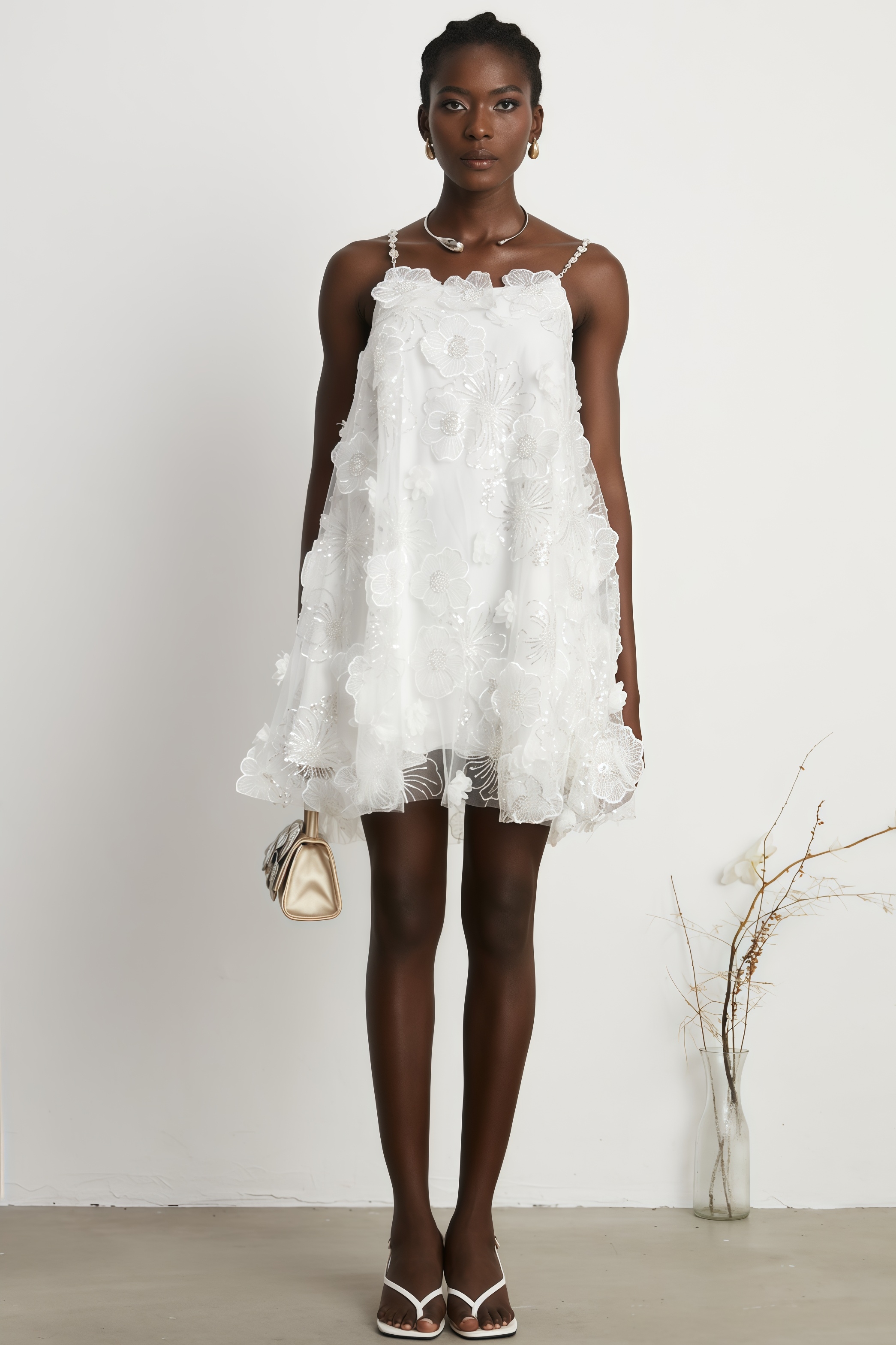 Darirke White Flower Sequin Mesh Mini Dress