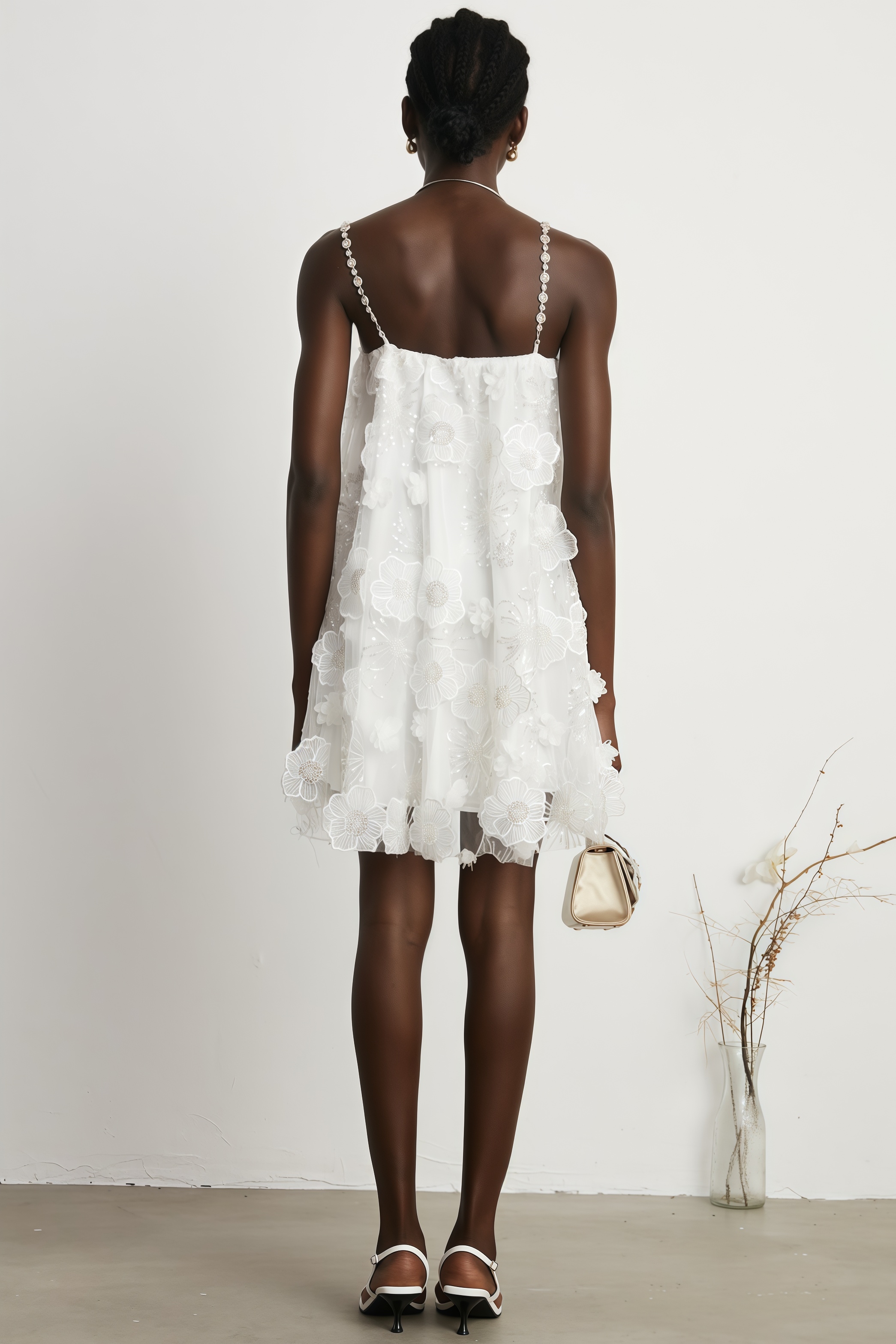 Darirke White Flower Sequin Mesh Mini Dress