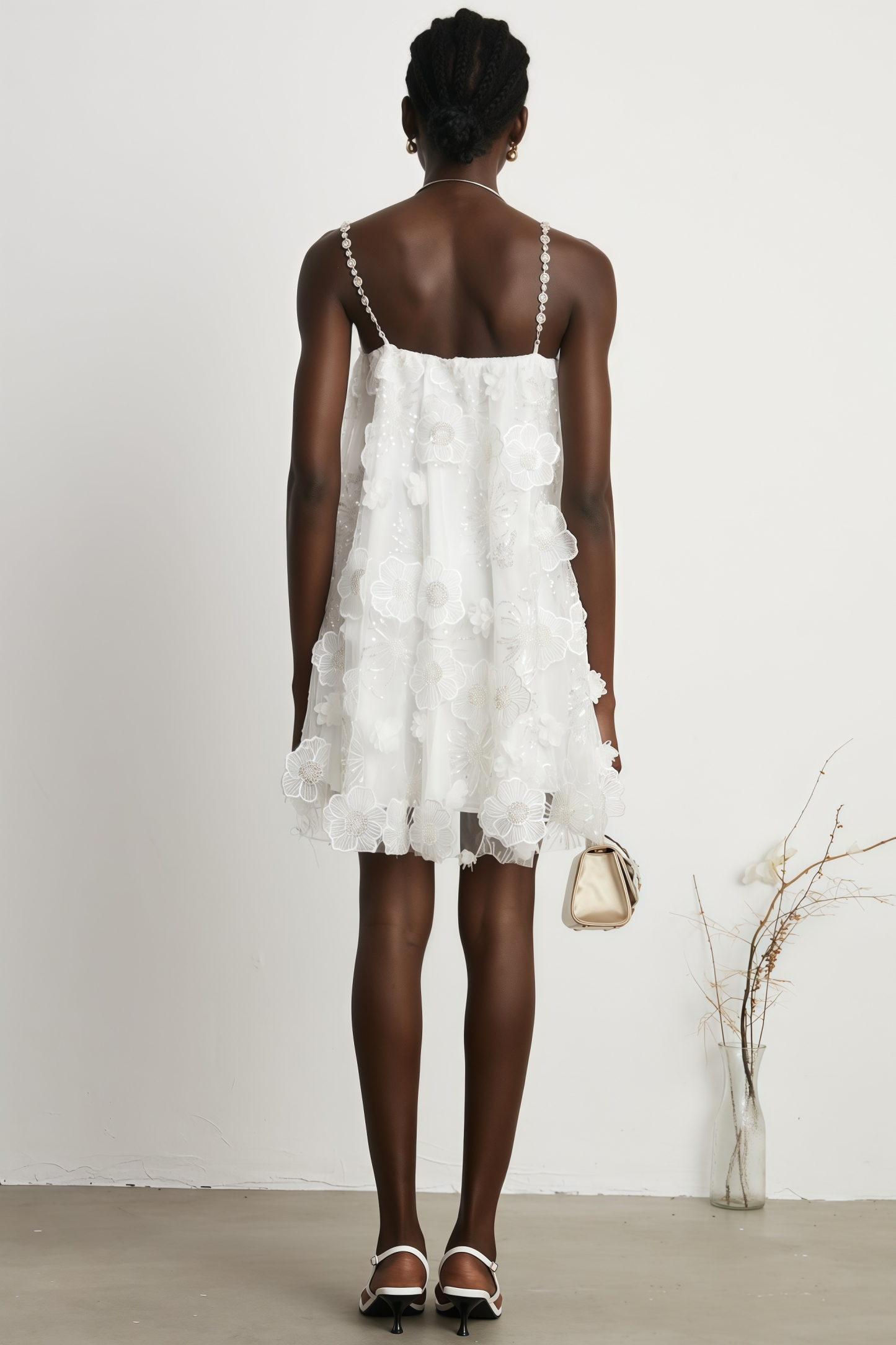 Darirke White Flower Sequin Mesh Mini Dress