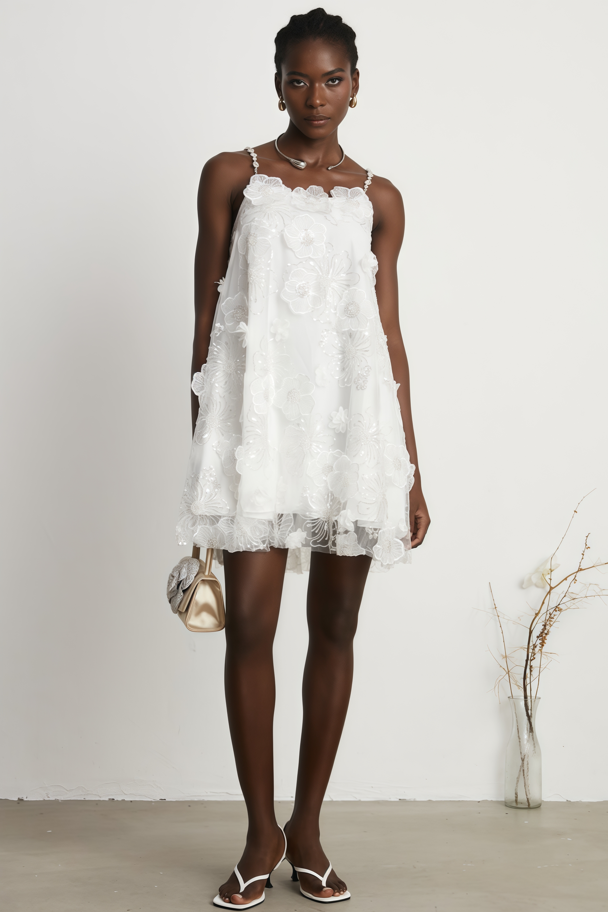 Darirke White Flower Sequin Mesh Mini Dress