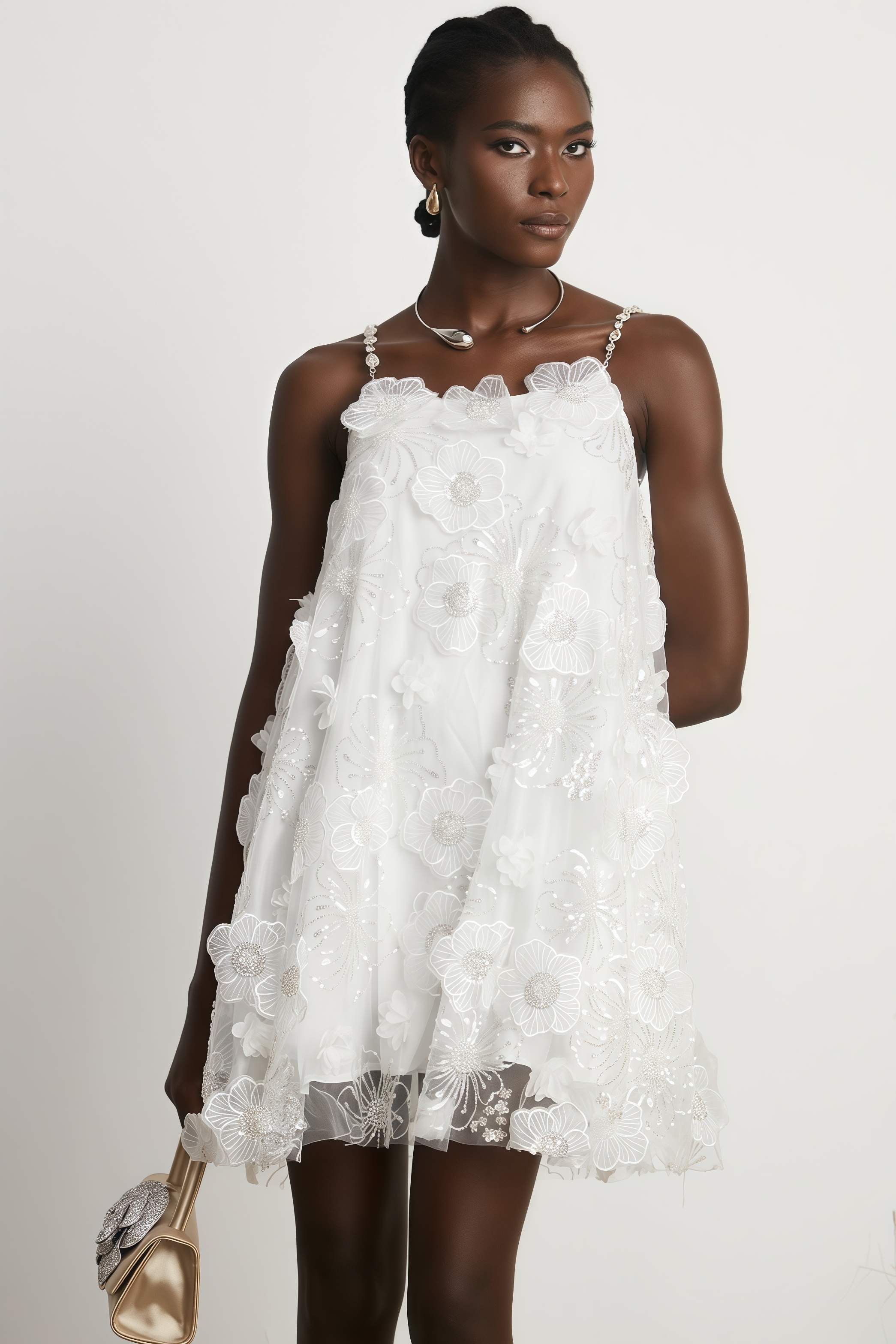 Darirke White Flower Sequin Mesh Mini Dress