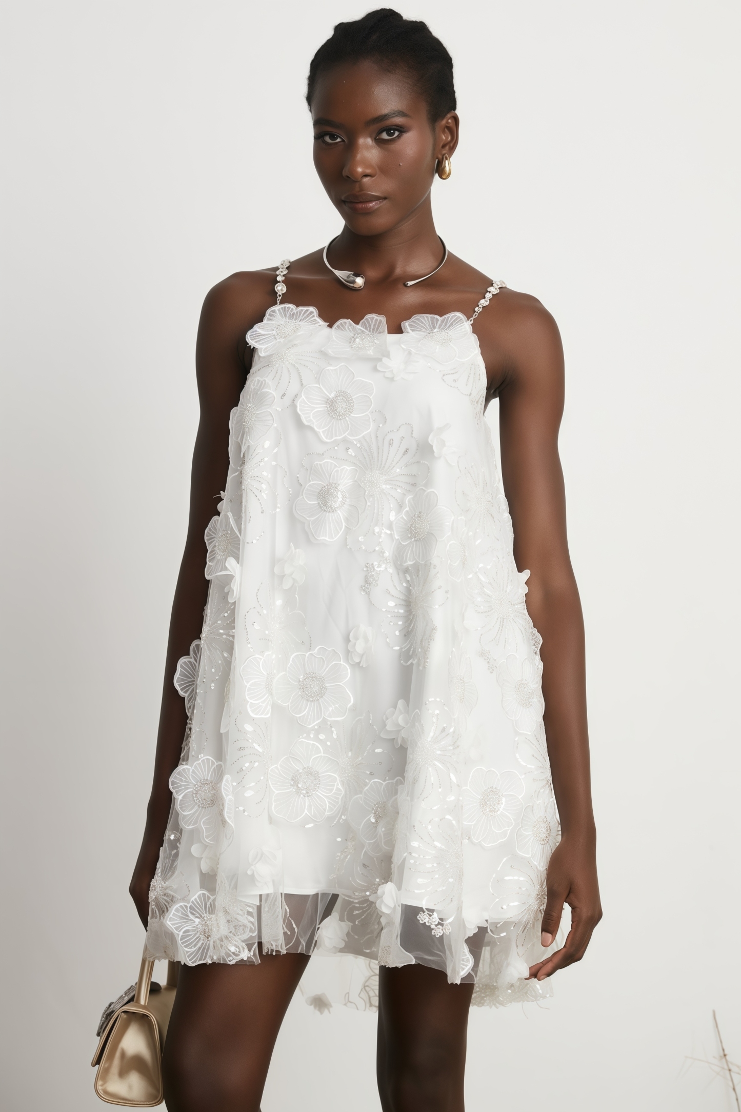 Darirke White Flower Sequin Mesh Mini Dress